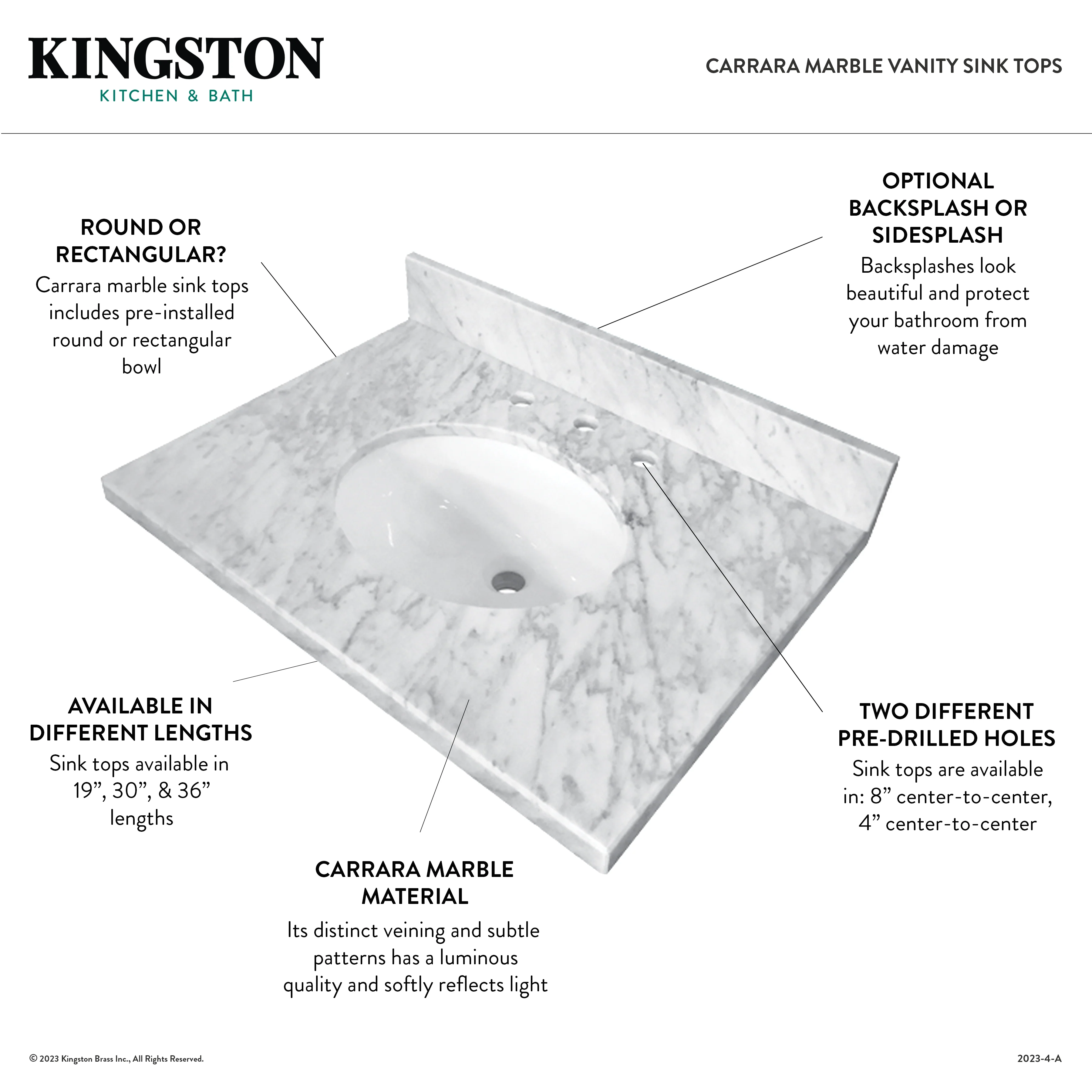 Kingston Tulare KVPB3022M38 - Templeton 30-Inch Carrara Marble Vanity Sink Top (8" Faucet Drillings), Carrara Marble - Image 17