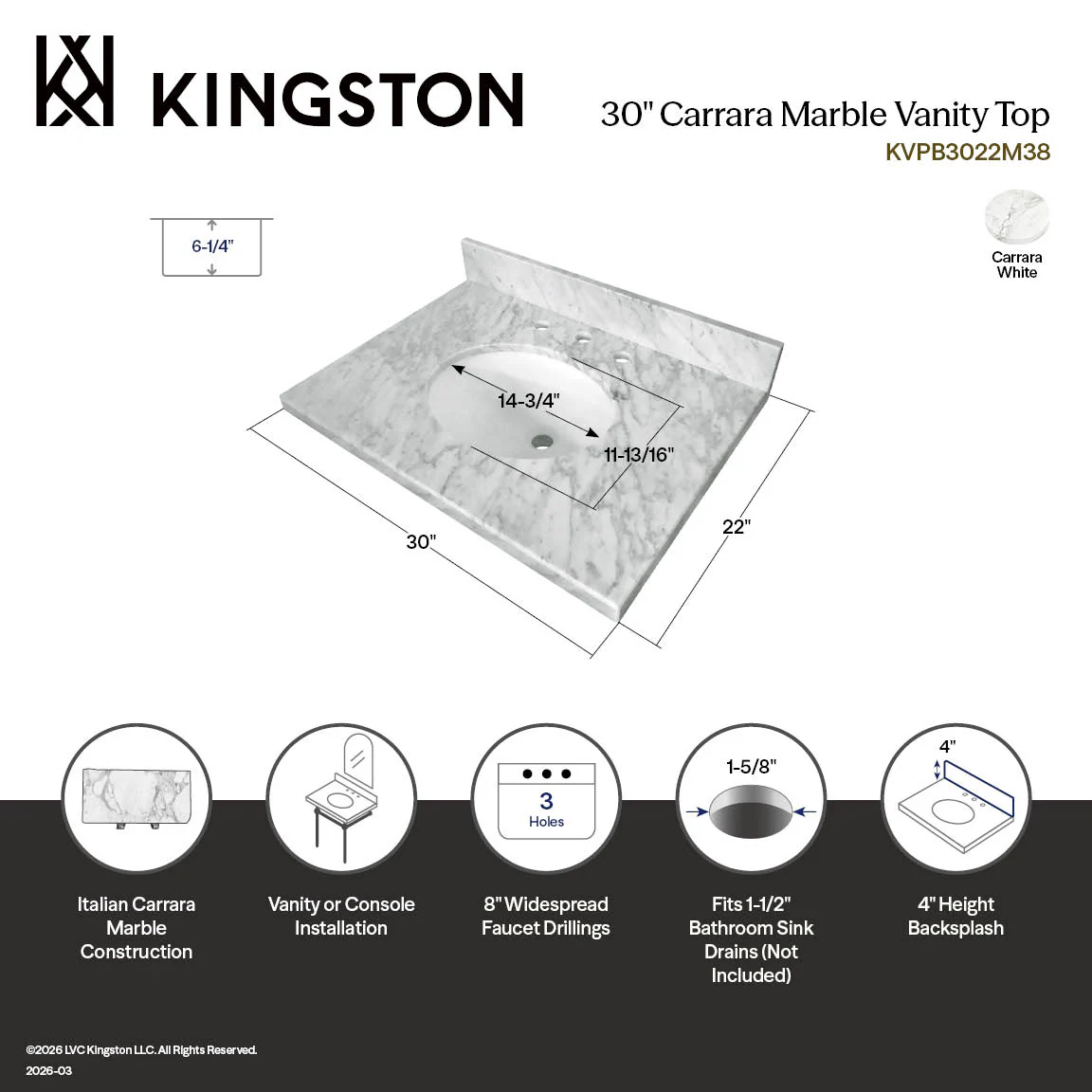 Kingston Tulare KVPB3022M38 - Templeton 30-Inch Carrara Marble Vanity Sink Top (8" Faucet Drillings), Carrara Marble - Image 18