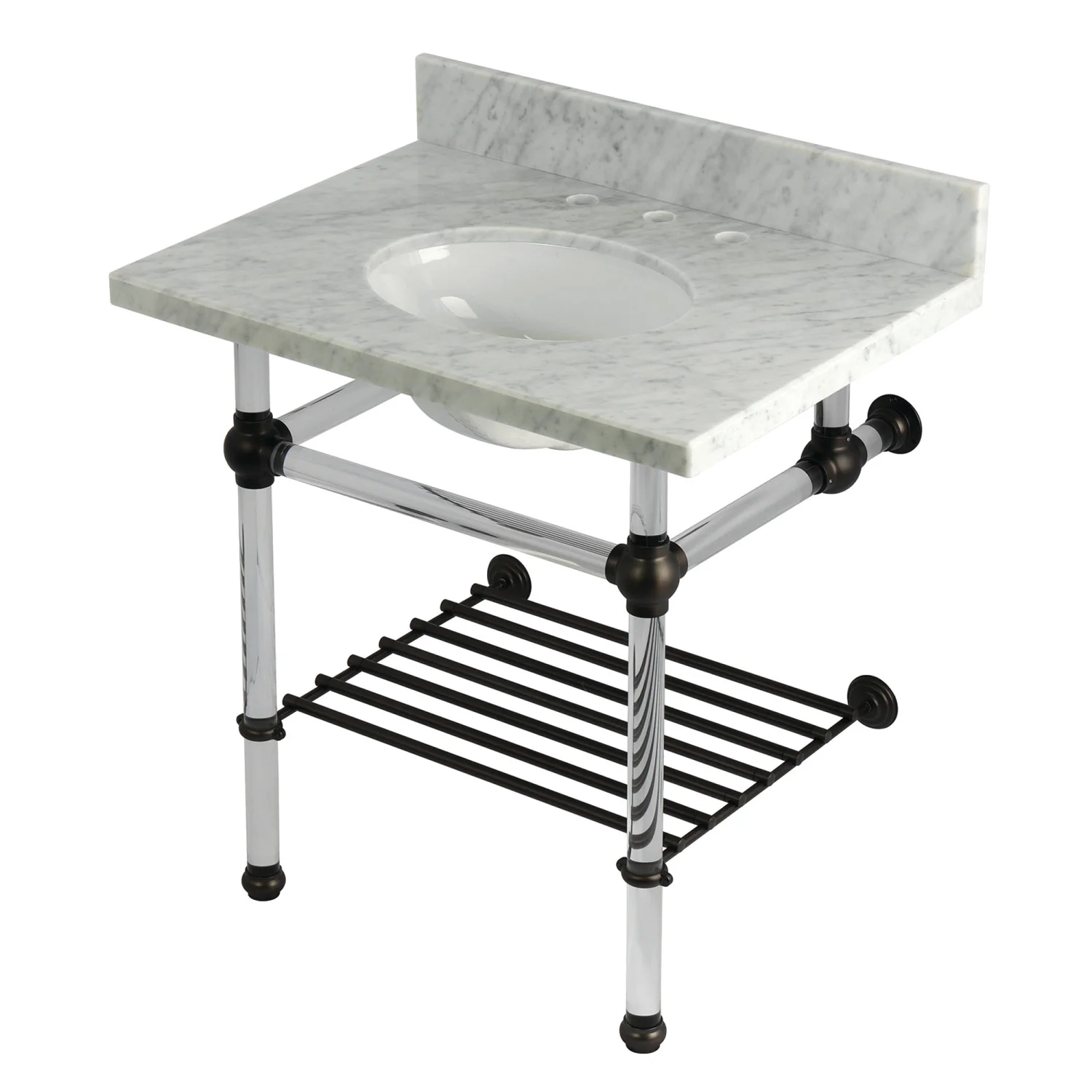 Kingston Tulare KVPB3030MAB5 - Templeton 30-Inch Carrara Marble Console Sink with Acrylic Legs and Shelf (8-Inch, 3-Hole), Carrara Marble White/Oil Rubbed Bronze