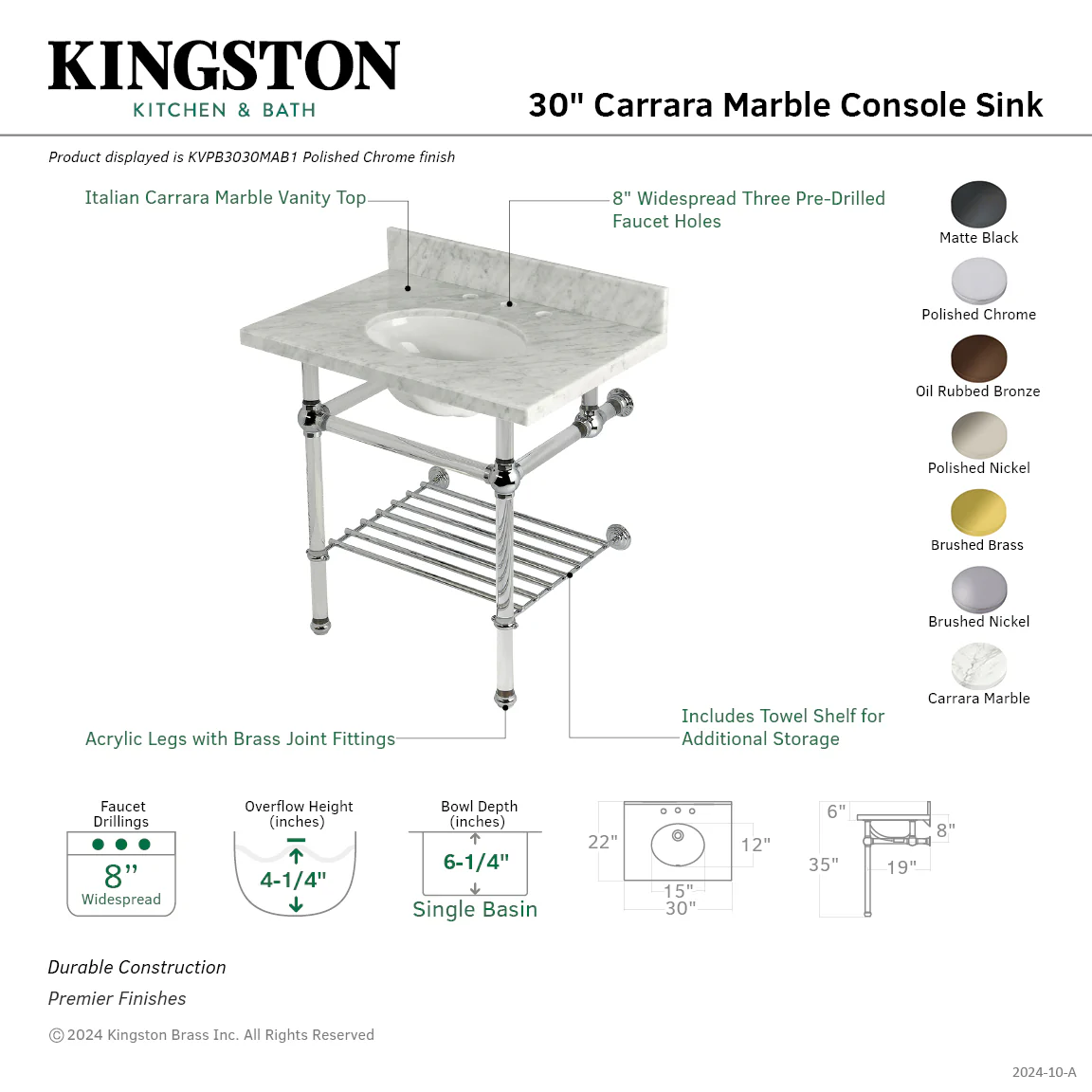 Kingston Tulare KVPB3030MAB5 - Templeton 30-Inch Carrara Marble Console Sink with Acrylic Legs and Shelf (8-Inch, 3-Hole), Carrara Marble White/Oil Rubbed Bronze - Image 2