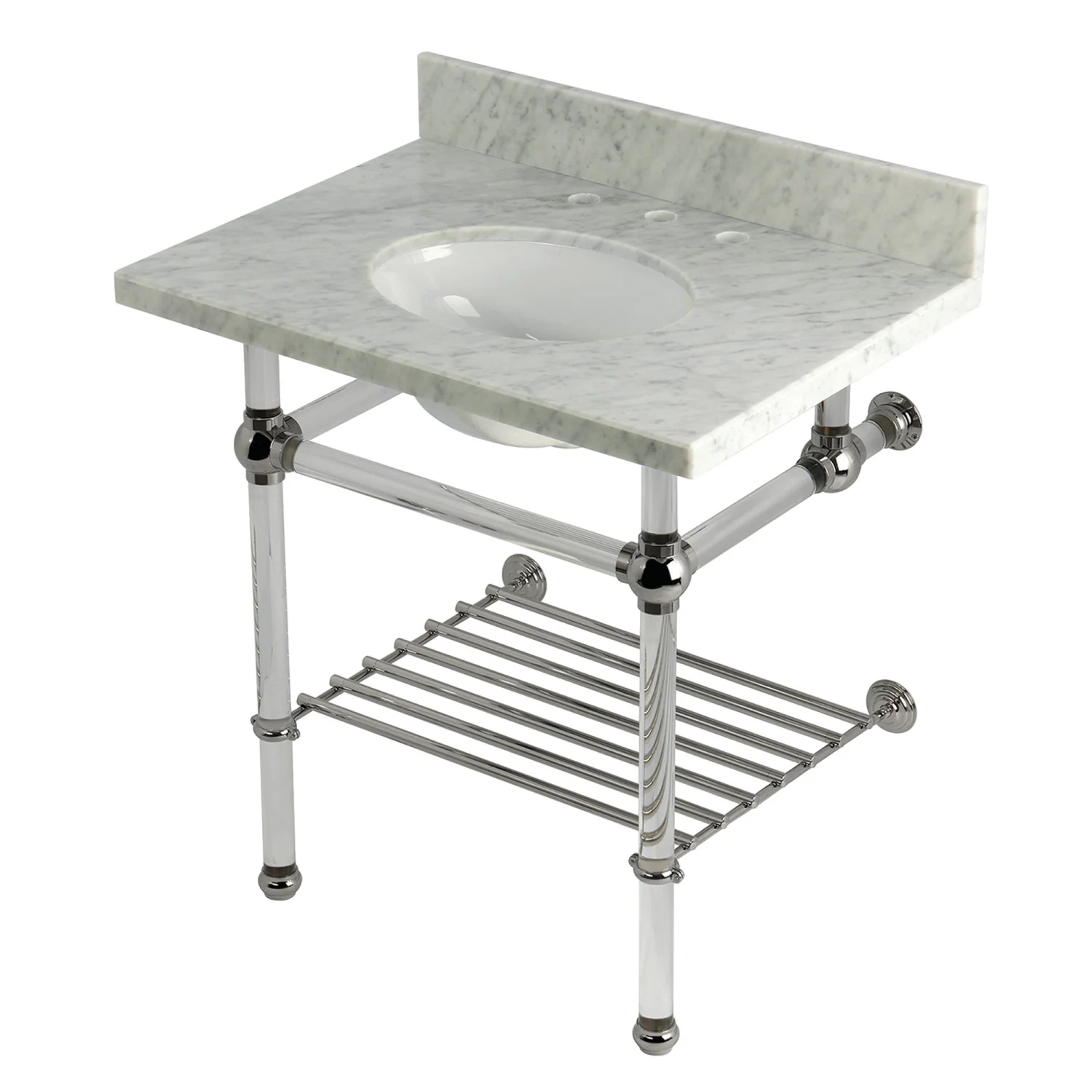 Kingston Tulare KVPB3030MAB6 - Templeton 30-Inch Carrara Marble Console Sink with Acrylic Legs and Shelf (8-Inch, 3-Hole), Carrara Marble White/Polished Nickel