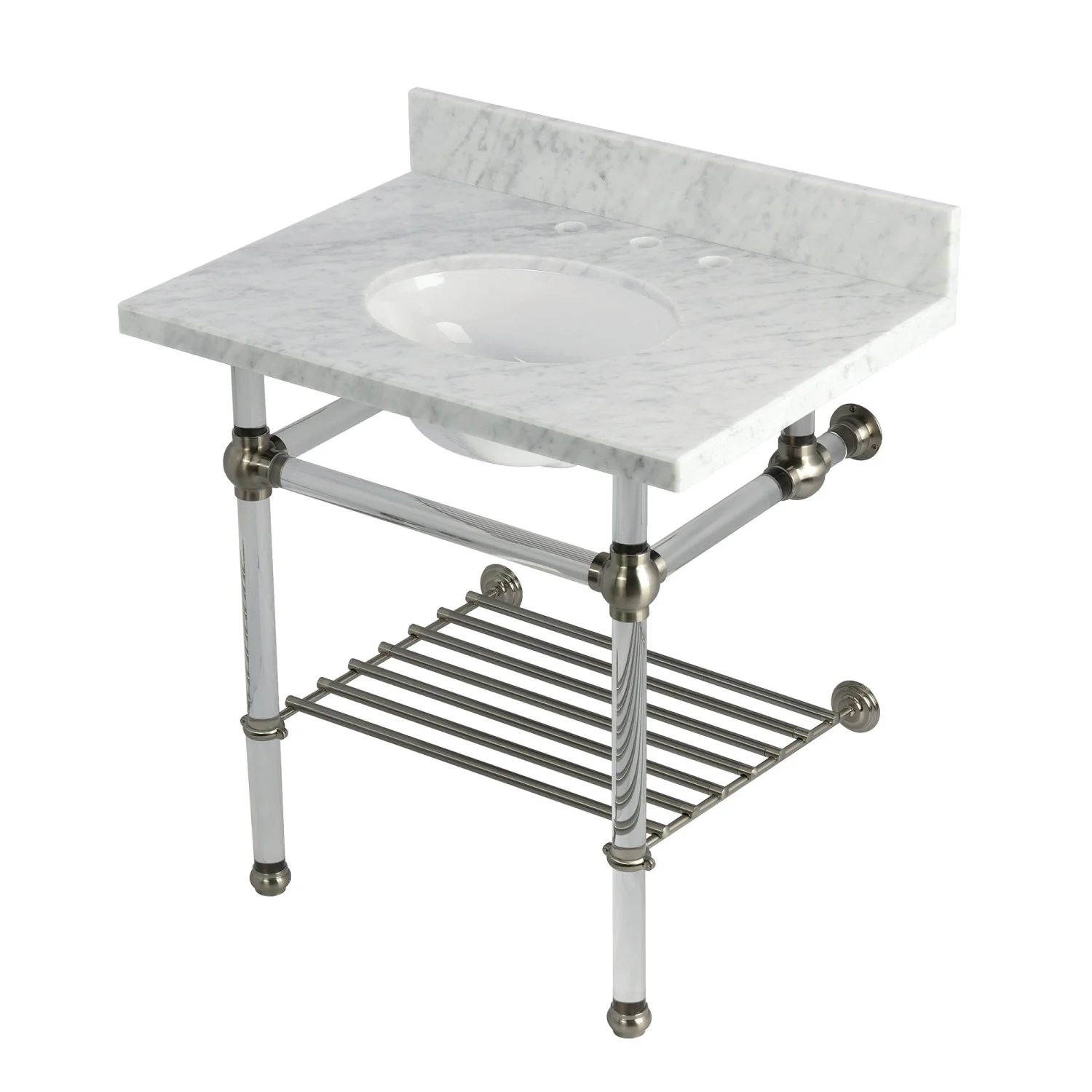 Kingston Tulare KVPB3030MAB8 - Templeton 30-Inch Carrara Marble Console Sink with Acrylic Legs and Shelf (8-Inch, 3-Hole), Carrara Marble White/Brushed Nickel