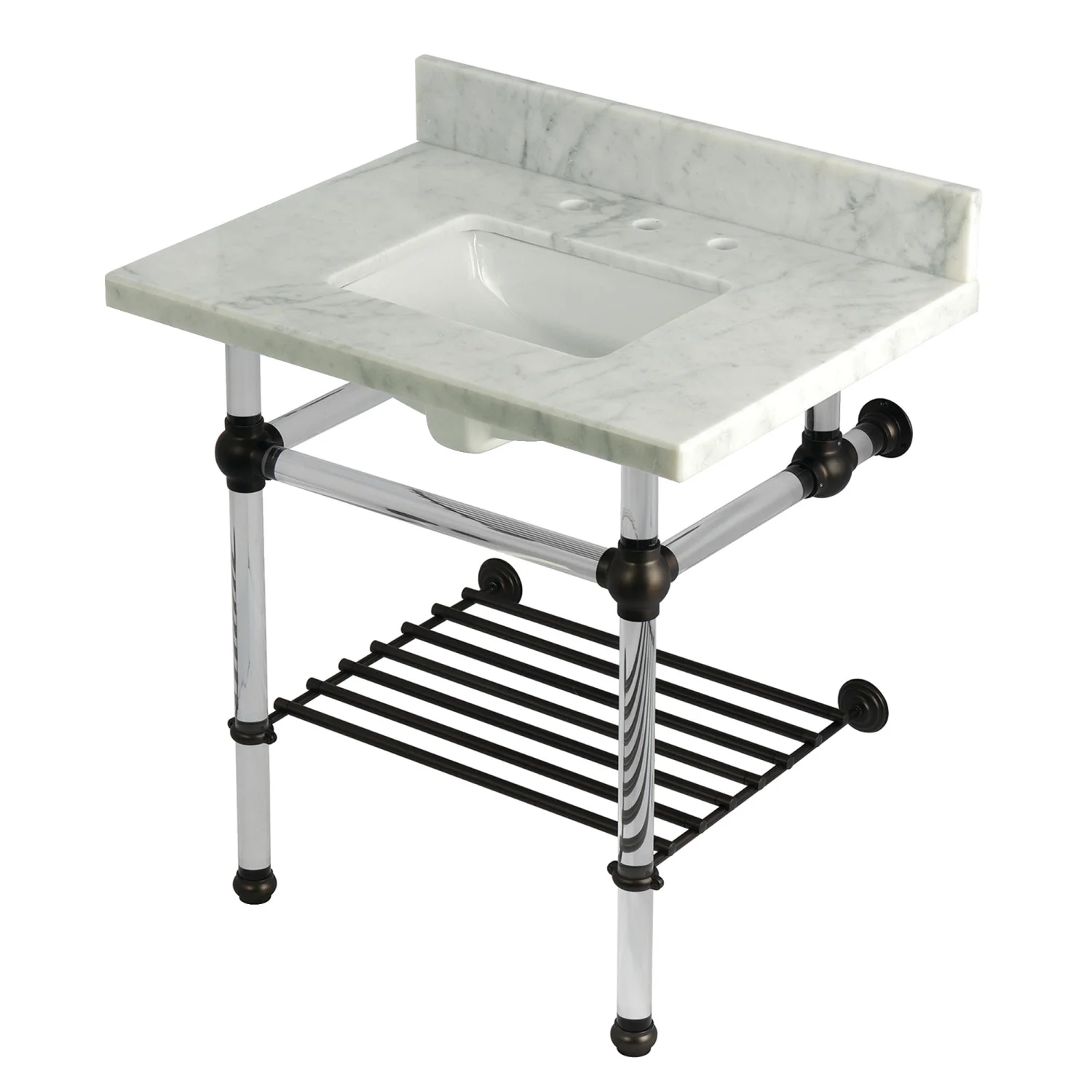 Kingston Tulare KVPB3030MASQB5 - Templeton 30-Inch Carrara Marble Console Sink with Acrylic Legs and Shelf (8-Inch, 3-Hole), Carrara Marble White/Oil Rubbed Bronze