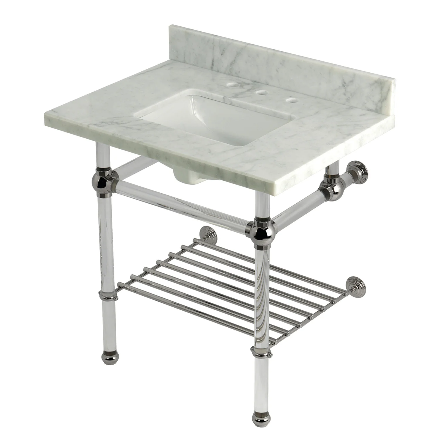 Kingston Tulare KVPB3030MASQB6 - Templeton 30-Inch Carrara Marble Console Sink with Acrylic Legs and Shelf (8-Inch, 3-Hole), Carrara Marble White/Polished Nickel