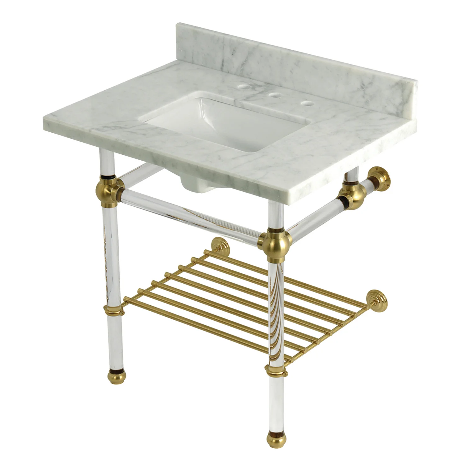 Kingston Tulare KVPB3030MASQB7 - Templeton 30-Inch Carrara Marble Console Sink with Acrylic Legs and Shelf (8-Inch, 3-Hole), Carrara Marble White/Brushed Brass