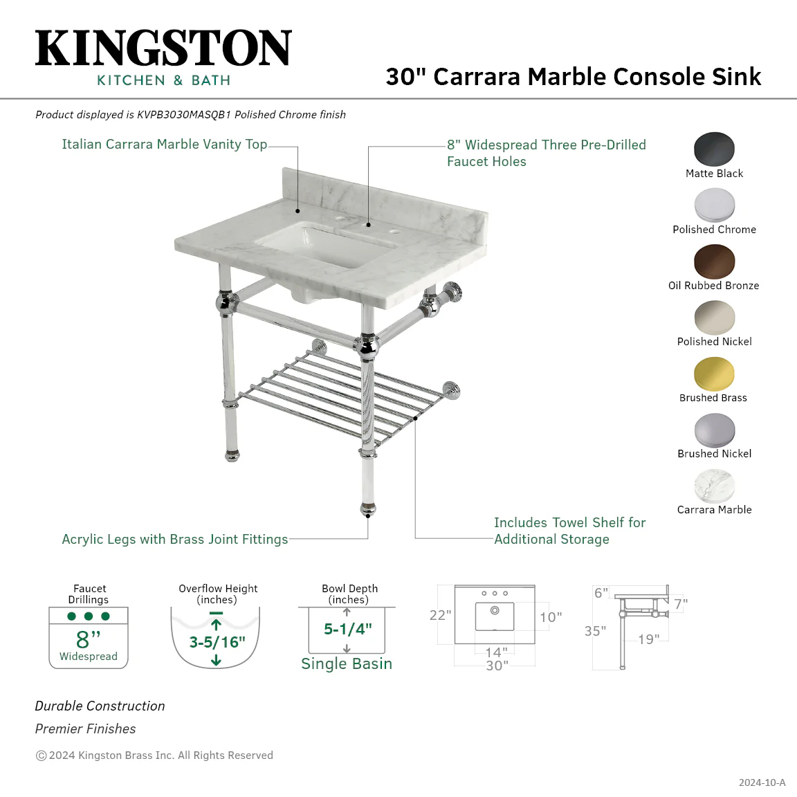 Kingston Tulare KVPB3030MASQB7 - Templeton 30-Inch Carrara Marble Console Sink with Acrylic Legs and Shelf (8-Inch, 3-Hole), Carrara Marble White/Brushed Brass - Image 2