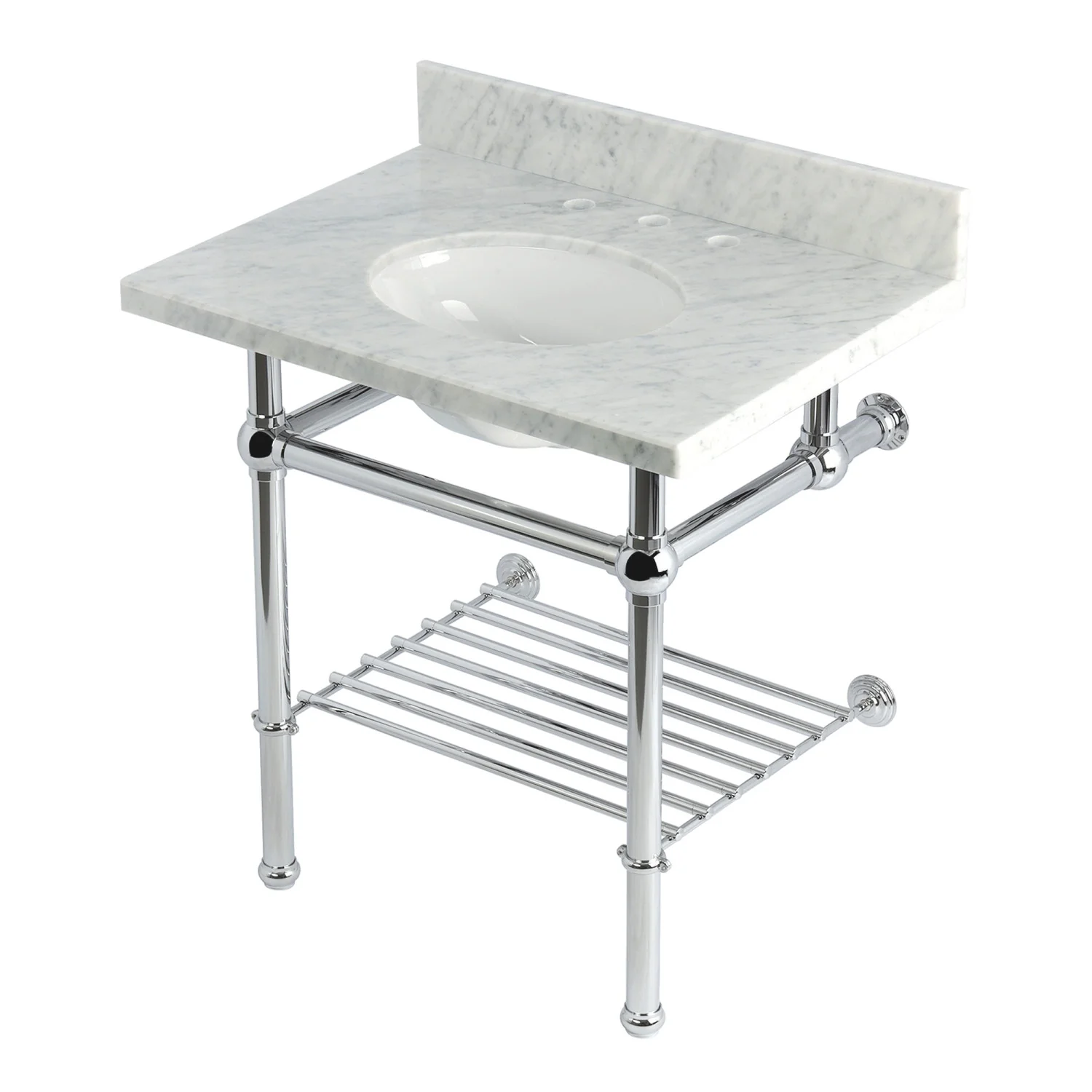 Kingston Heirloom KVPB3030MBB1 - Templeton 30-Inch Carrara Marble Console Sink with Brass Legs and Shelf (8-Inch, 3-Hole), Carrara Marble White/Polished Chrome