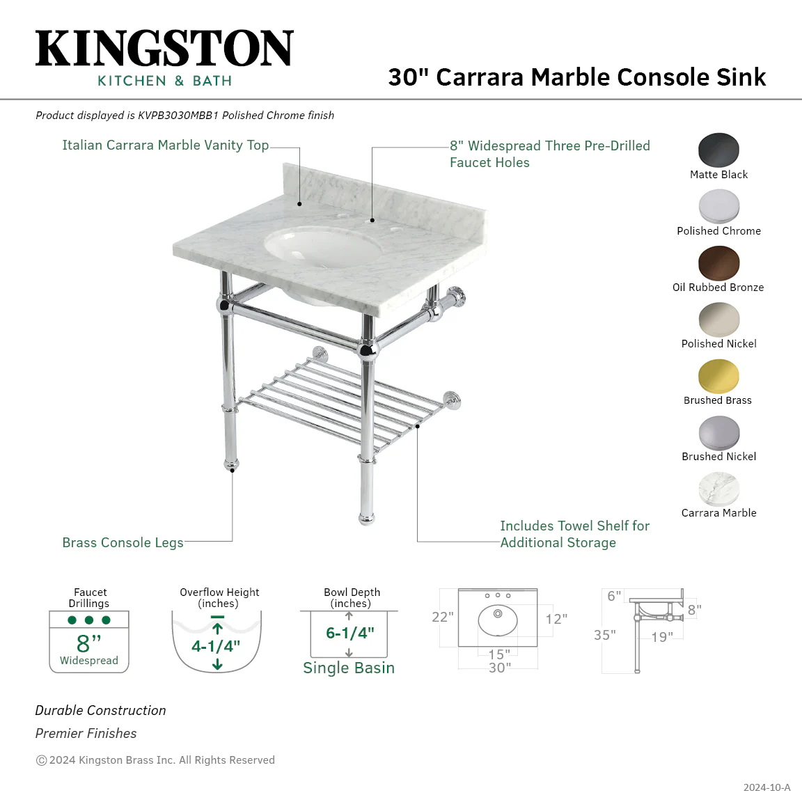 Kingston Heirloom KVPB3030MBB6 - Templeton 30-Inch Carrara Marble Console Sink with Brass Legs and Shelf (8-Inch, 3-Hole), Carrara Marble White/Polished Nickel - Image 2