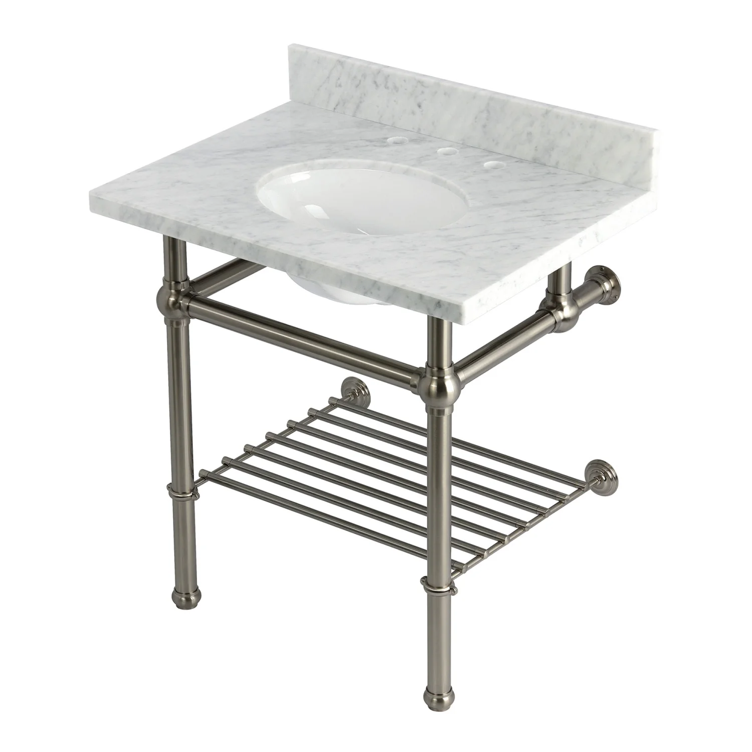 Kingston Heirloom KVPB3030MBB8 - Templeton 30-Inch Carrara Marble Console Sink with Brass Legs and Shelf (8-Inch, 3-Hole), Carrara Marble White/Brushed Nickel