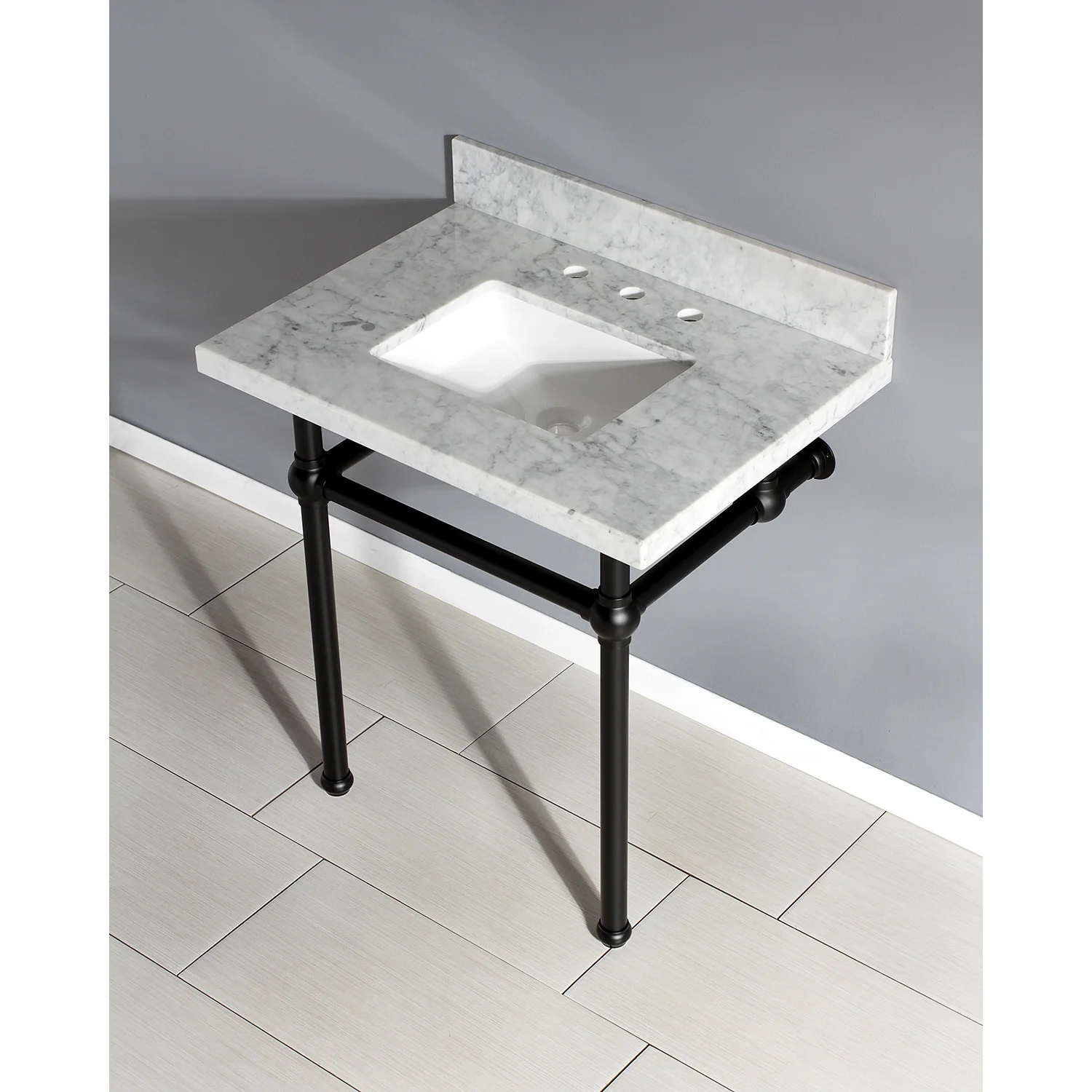Kingston Heirloom KVPB3030MBSQ0 - Templeton 30-Inch Carrara Marble Vanity Top with Brass Legs (8-Inch, 3-Hole), Carrara Marble White/Matte Black - Image 2