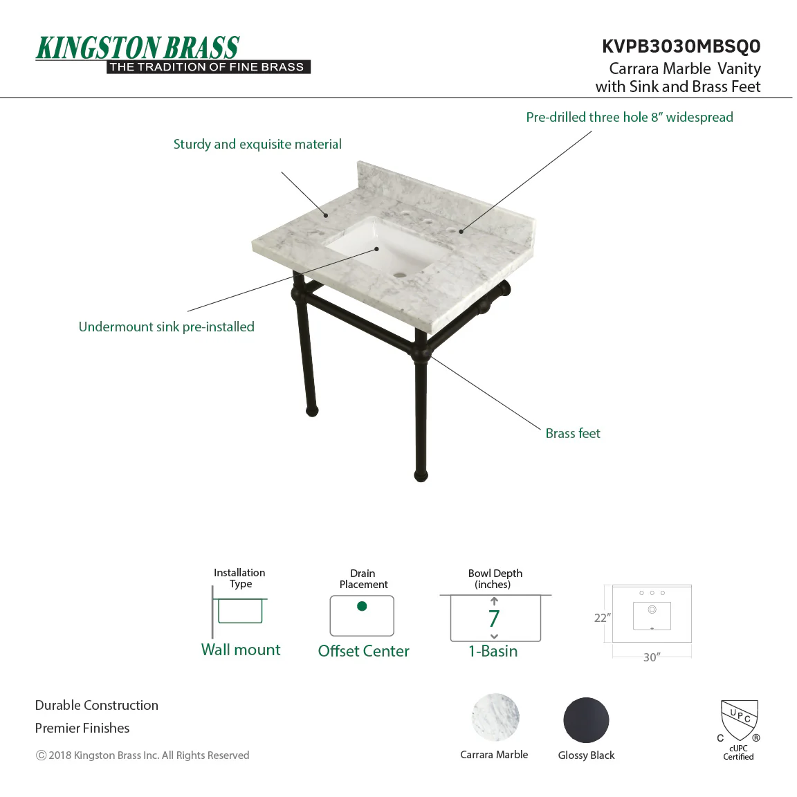 Kingston Heirloom KVPB3030MBSQ0 - Templeton 30-Inch Carrara Marble Vanity Top with Brass Legs (8-Inch, 3-Hole), Carrara Marble White/Matte Black - Image 4