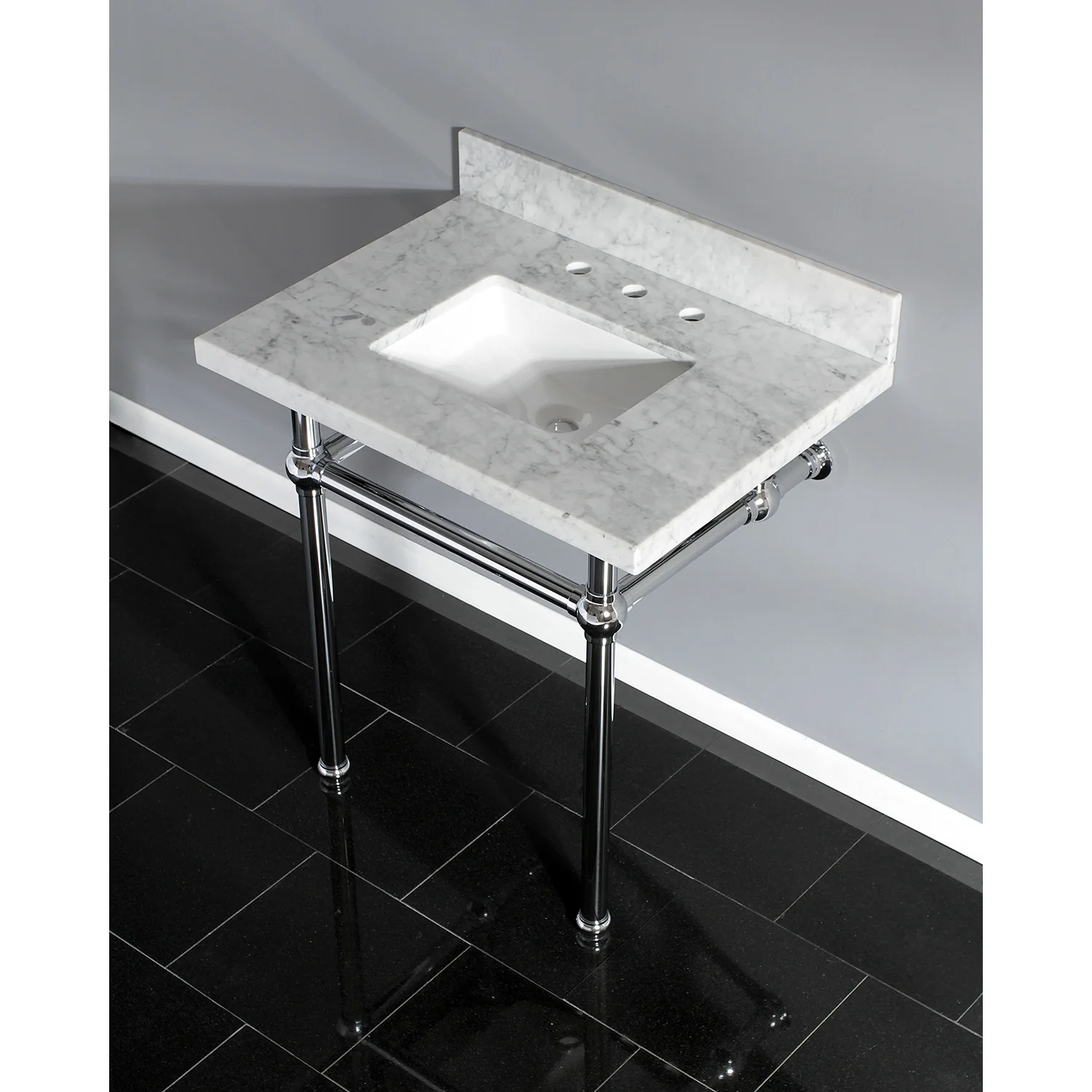 Kingston Heirloom KVPB3030MBSQ1 - Templeton 30-Inch Carrara Marble Vanity Top with Brass Legs (8-Inch, 3-Hole), Carrara Marble White/Polished Chrome