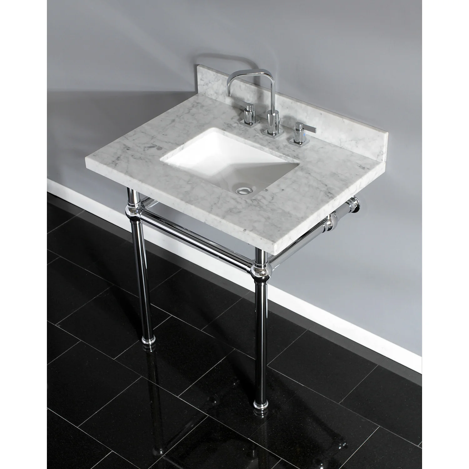Kingston Heirloom KVPB3030MBSQ1 - Templeton 30-Inch Carrara Marble Vanity Top with Brass Legs (8-Inch, 3-Hole), Carrara Marble White/Polished Chrome - Image 2