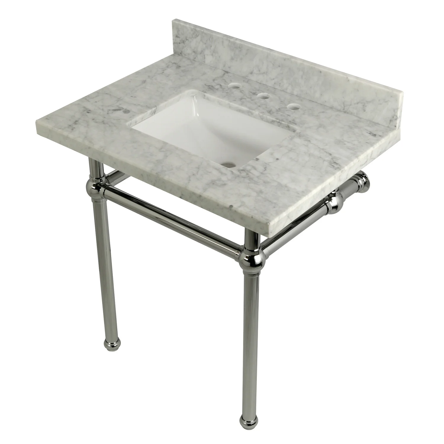 Kingston Heirloom KVPB3030MBSQ1 - Templeton 30-Inch Carrara Marble Vanity Top with Brass Legs (8-Inch, 3-Hole), Carrara Marble White/Polished Chrome - Image 3