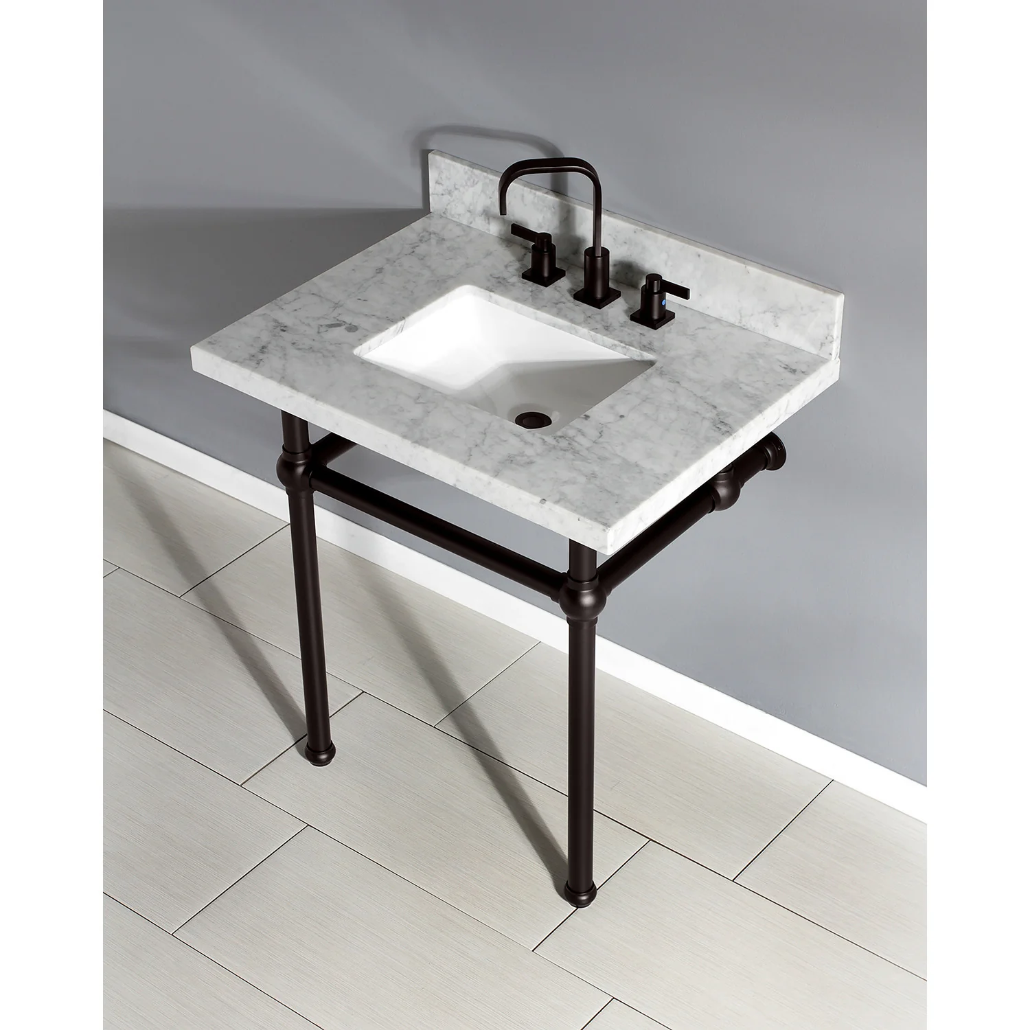 Kingston Heirloom KVPB3030MBSQ5 - Templeton 30-Inch Carrara Marble Vanity Top with Brass Legs (8-Inch, 3-Hole), Carrara Marble White/Oil Rubbed Bronze