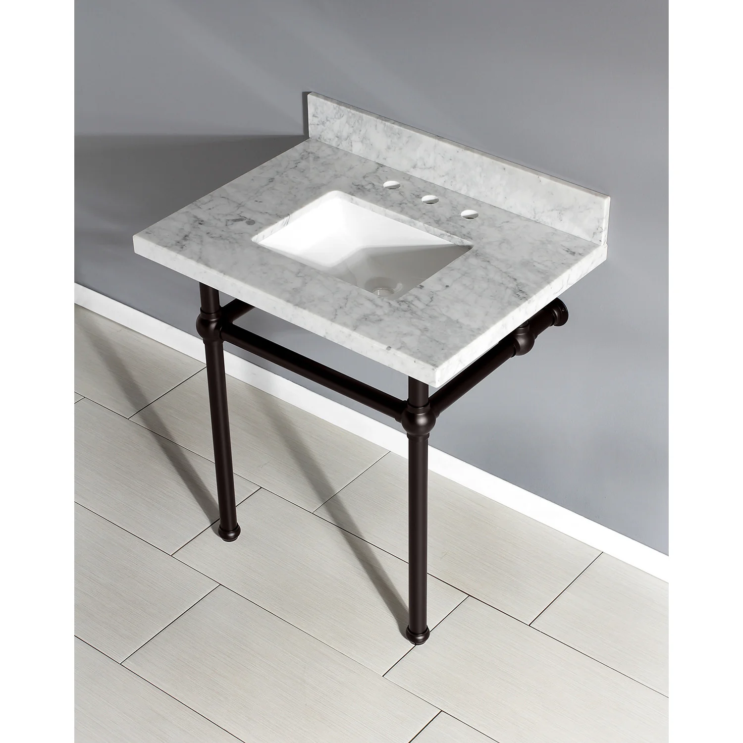 Kingston Heirloom KVPB3030MBSQ5 - Templeton 30-Inch Carrara Marble Vanity Top with Brass Legs (8-Inch, 3-Hole), Carrara Marble White/Oil Rubbed Bronze - Image 2