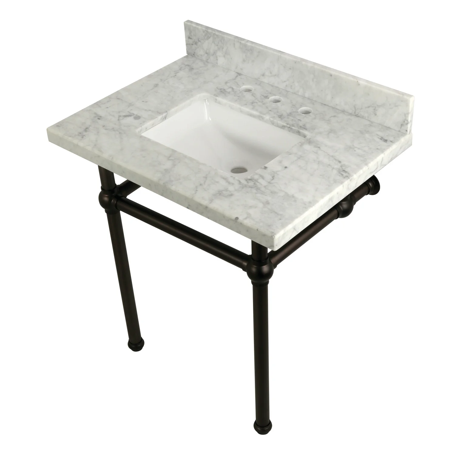 Kingston Heirloom KVPB3030MBSQ5 - Templeton 30-Inch Carrara Marble Vanity Top with Brass Legs (8-Inch, 3-Hole), Carrara Marble White/Oil Rubbed Bronze - Image 3