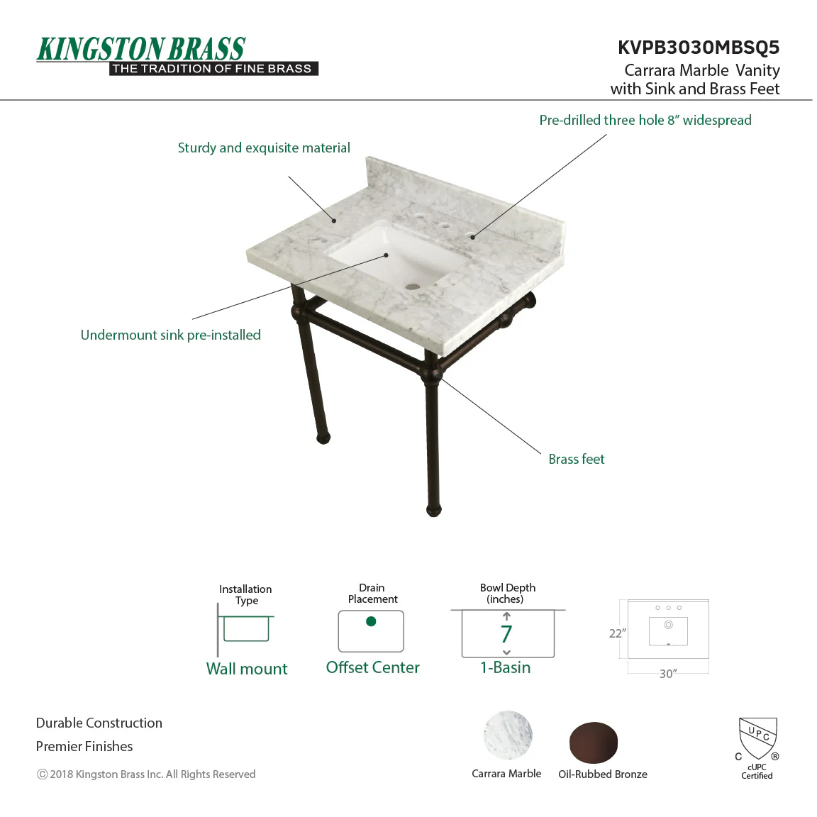 Kingston Heirloom KVPB3030MBSQ5 - Templeton 30-Inch Carrara Marble Vanity Top with Brass Legs (8-Inch, 3-Hole), Carrara Marble White/Oil Rubbed Bronze - Image 4
