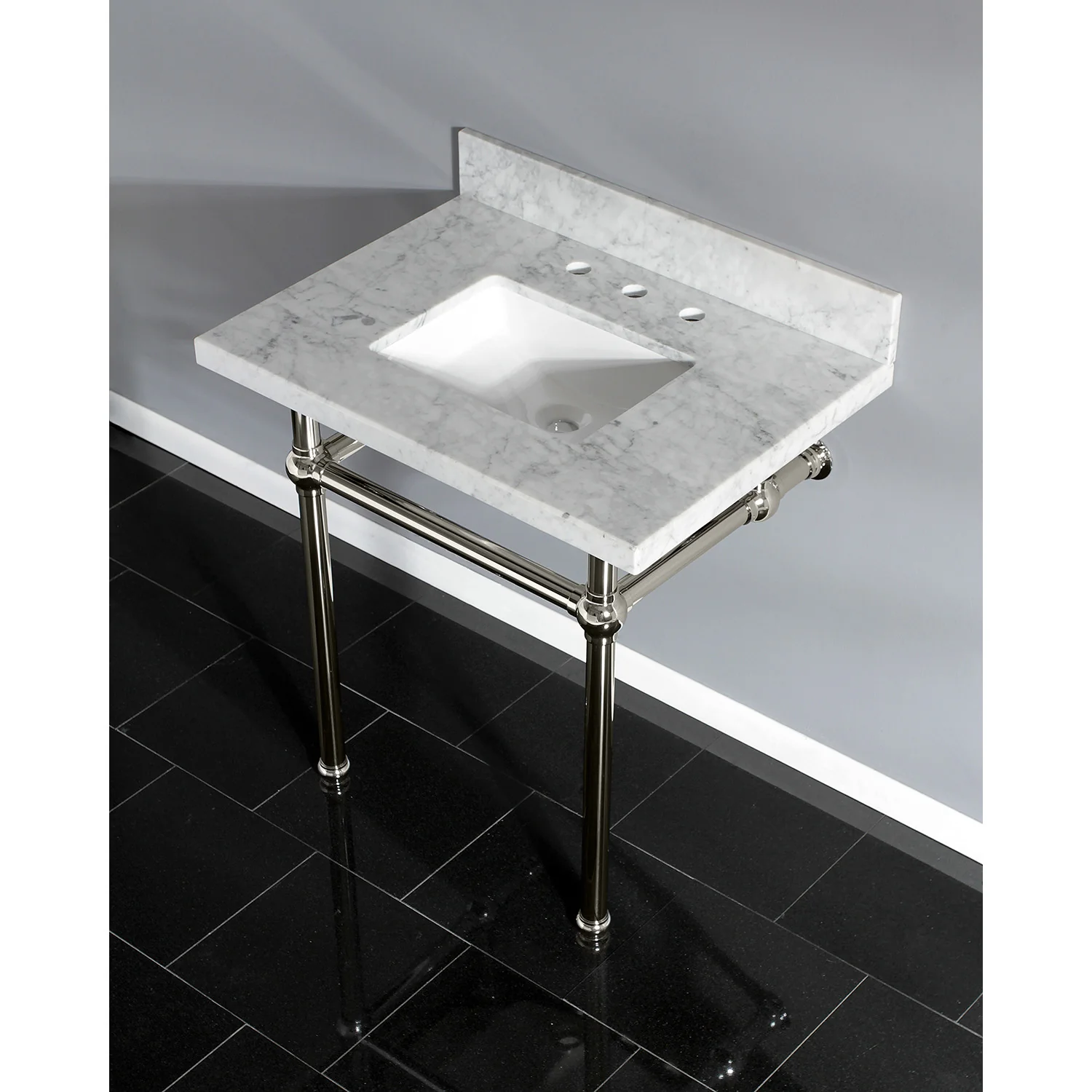 Kingston Heirloom KVPB3030MBSQ6 - Templeton 30-Inch Carrara Marble Vanity Top with Brass Legs (8-Inch, 3-Hole), Carrara Marble White/Polished Nickel