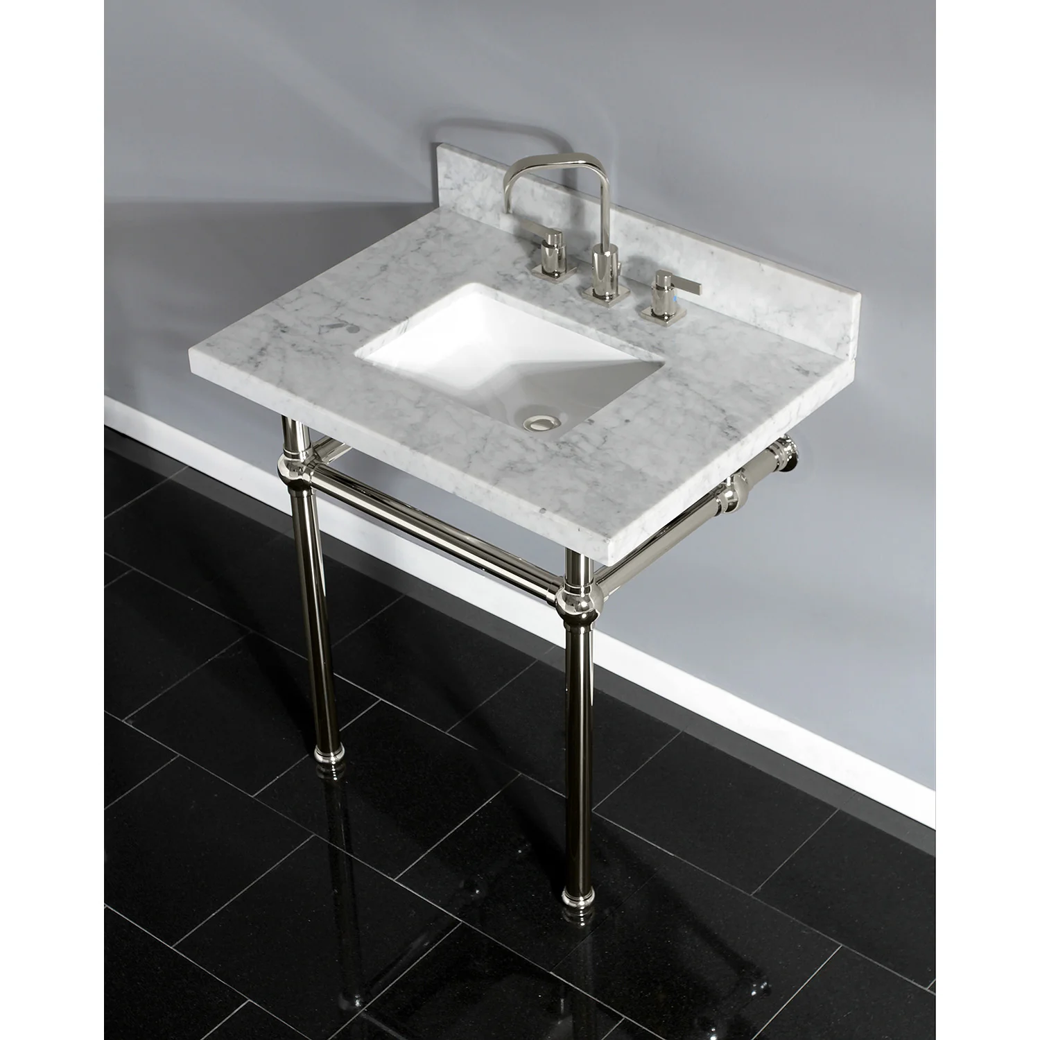 Kingston Heirloom KVPB3030MBSQ6 - Templeton 30-Inch Carrara Marble Vanity Top with Brass Legs (8-Inch, 3-Hole), Carrara Marble White/Polished Nickel - Image 2