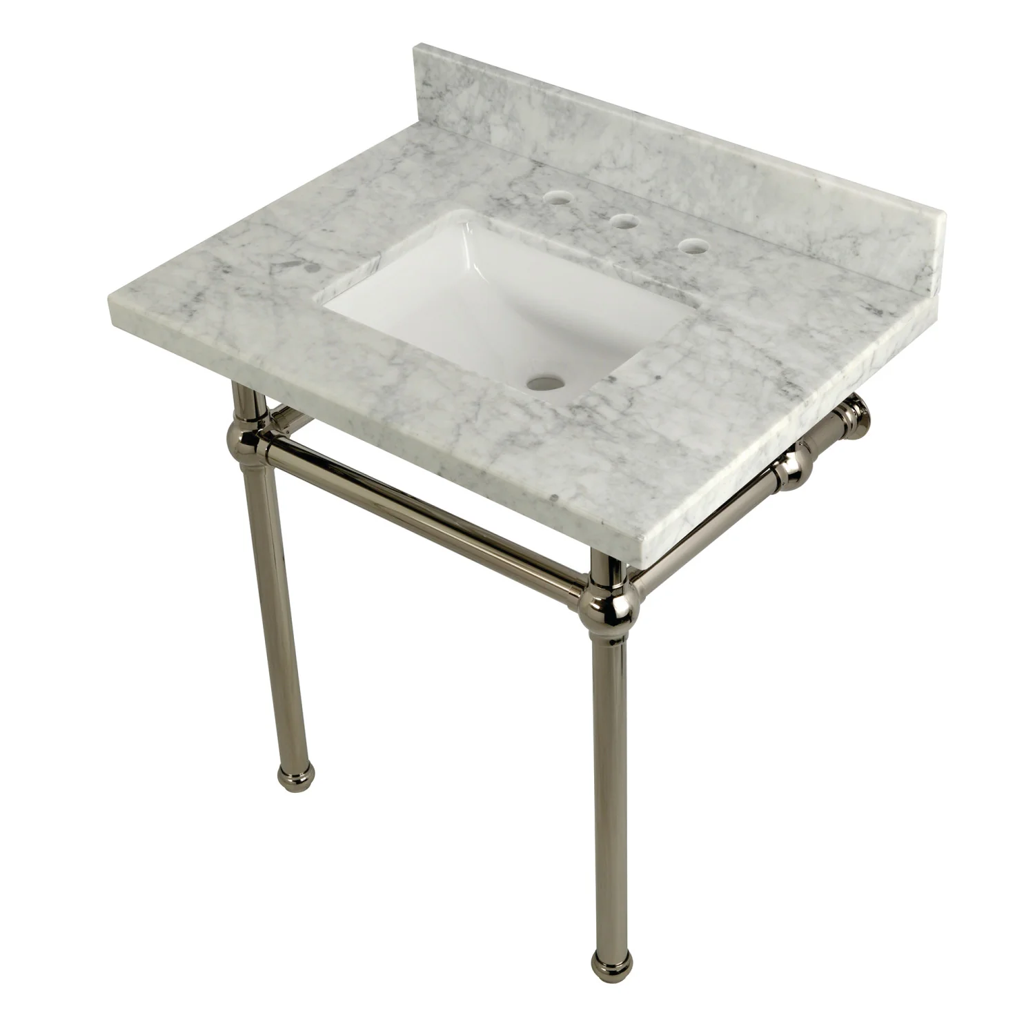 Kingston Heirloom KVPB3030MBSQ6 - Templeton 30-Inch Carrara Marble Vanity Top with Brass Legs (8-Inch, 3-Hole), Carrara Marble White/Polished Nickel - Image 3