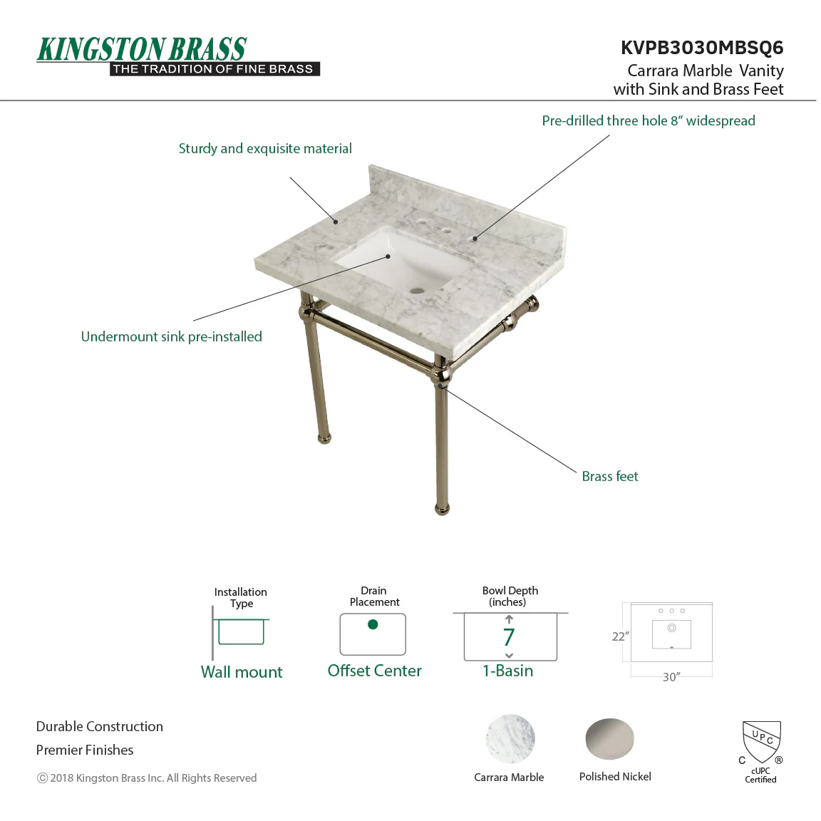 Kingston Heirloom KVPB3030MBSQ6 - Templeton 30-Inch Carrara Marble Vanity Top with Brass Legs (8-Inch, 3-Hole), Carrara Marble White/Polished Nickel - Image 4