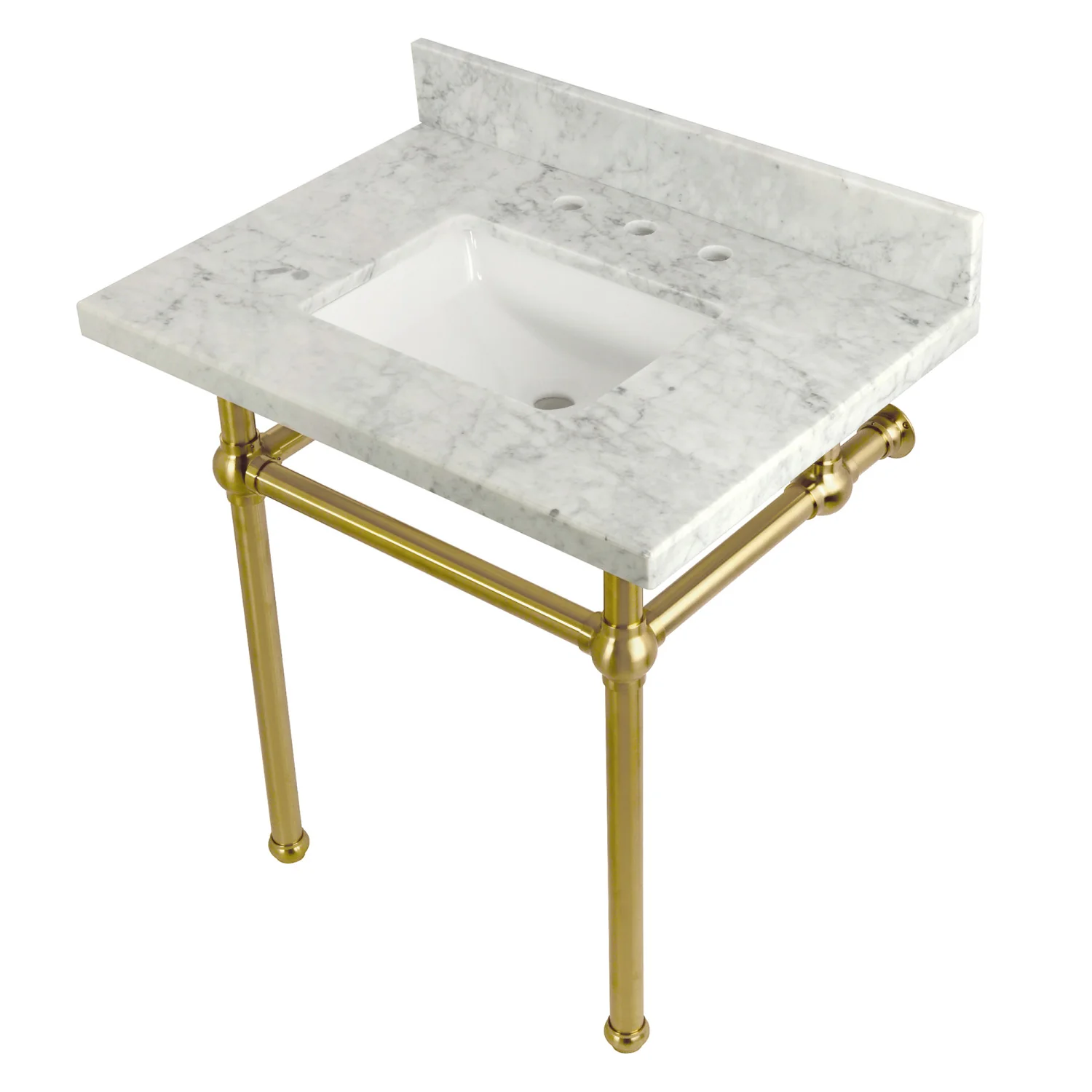 Kingston Heirloom KVPB3030MBSQ7 - Templeton 30-Inch Carrara Marble Vanity Top with Brass Legs (8-Inch, 3-Hole), Carrara Marble White/Brushed Brass - Image 3