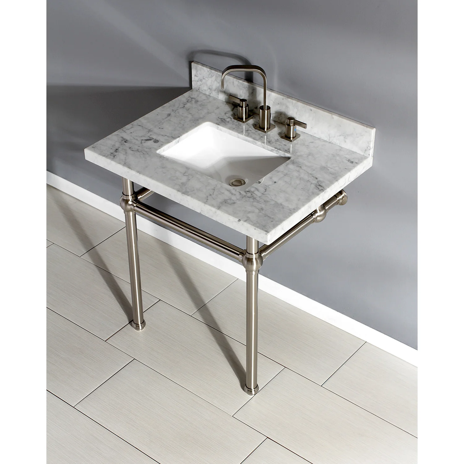 Kingston Heirloom KVPB3030MBSQ8 - Templeton 30-Inch Carrara Marble Vanity Top with Brass Legs (8-Inch, 3-Hole), Carrara Marble White/Brushed Nickel - Image 2