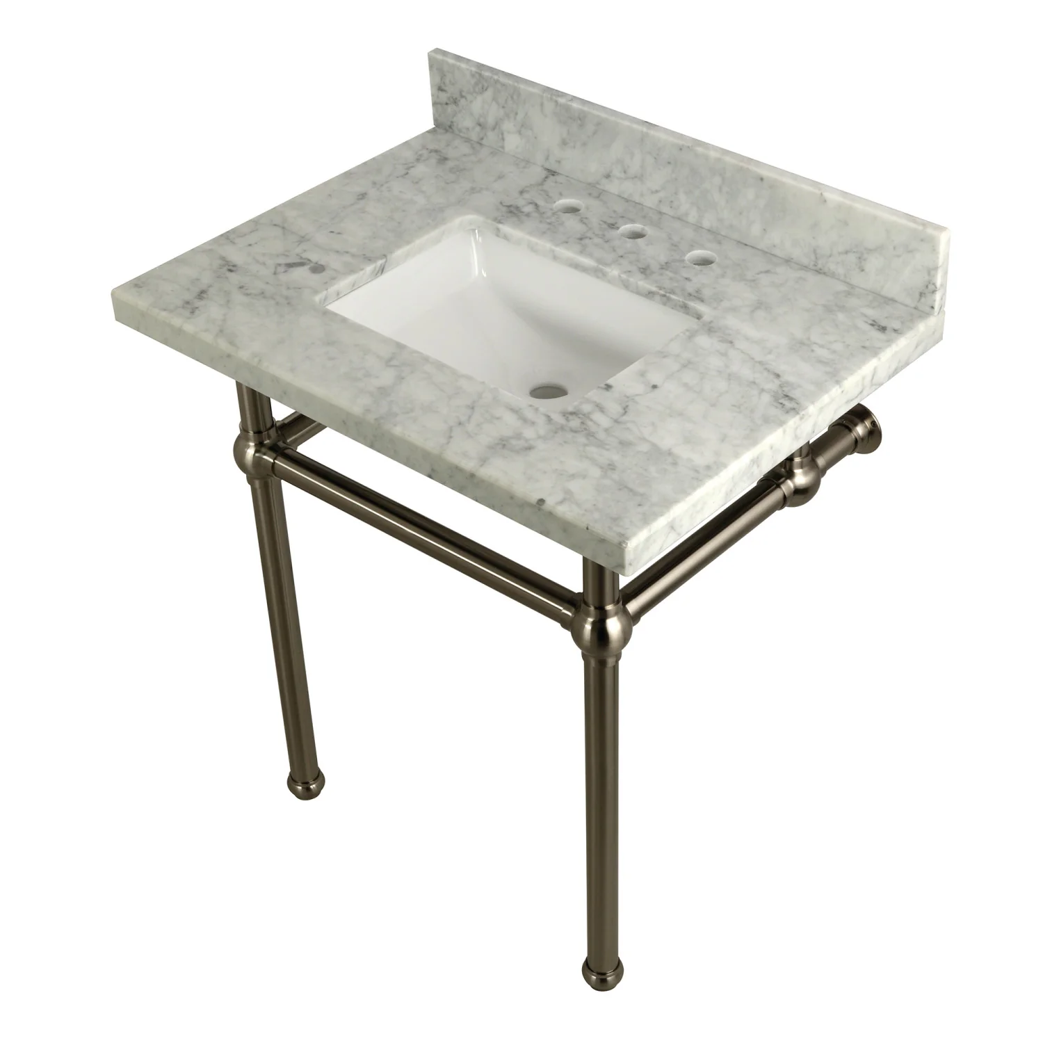 Kingston Heirloom KVPB3030MBSQ8 - Templeton 30-Inch Carrara Marble Vanity Top with Brass Legs (8-Inch, 3-Hole), Carrara Marble White/Brushed Nickel - Image 3
