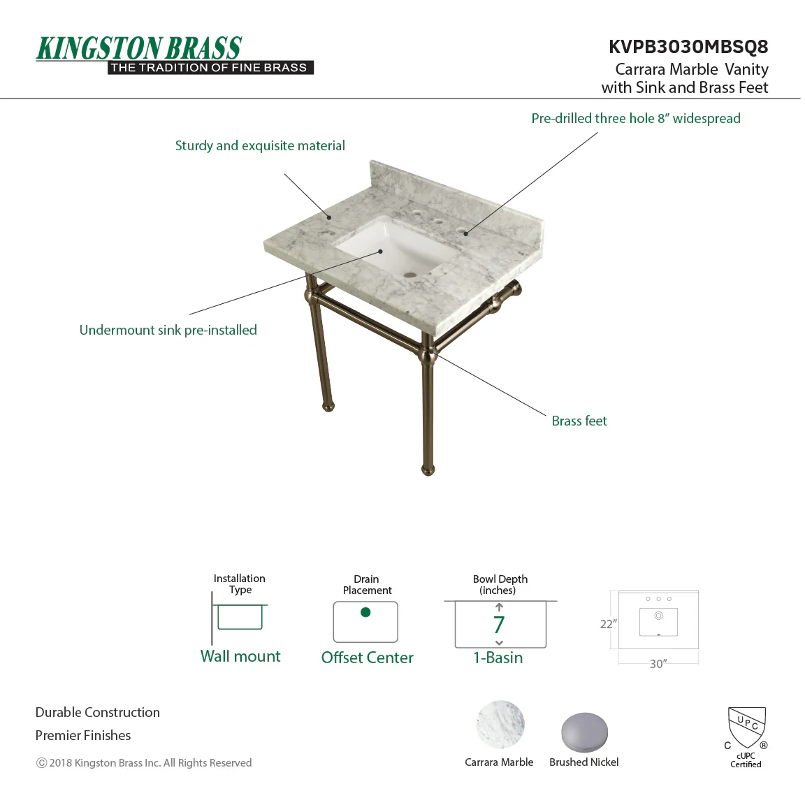 Kingston Heirloom KVPB3030MBSQ8 - Templeton 30-Inch Carrara Marble Vanity Top with Brass Legs (8-Inch, 3-Hole), Carrara Marble White/Brushed Nickel - Image 4