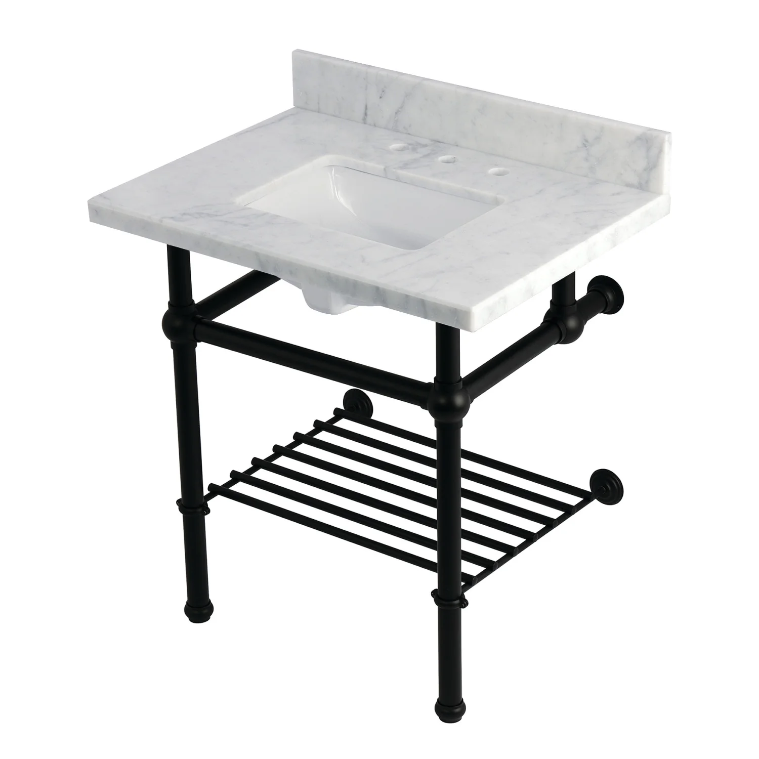 Kingston Heirloom KVPB3030MBSQB0 - Templeton 30-Inch Carrara Marble Console Sink with Brass Legs and Shelf (8-Inch, 3-Hole), Carrara Marble White/Matte Black