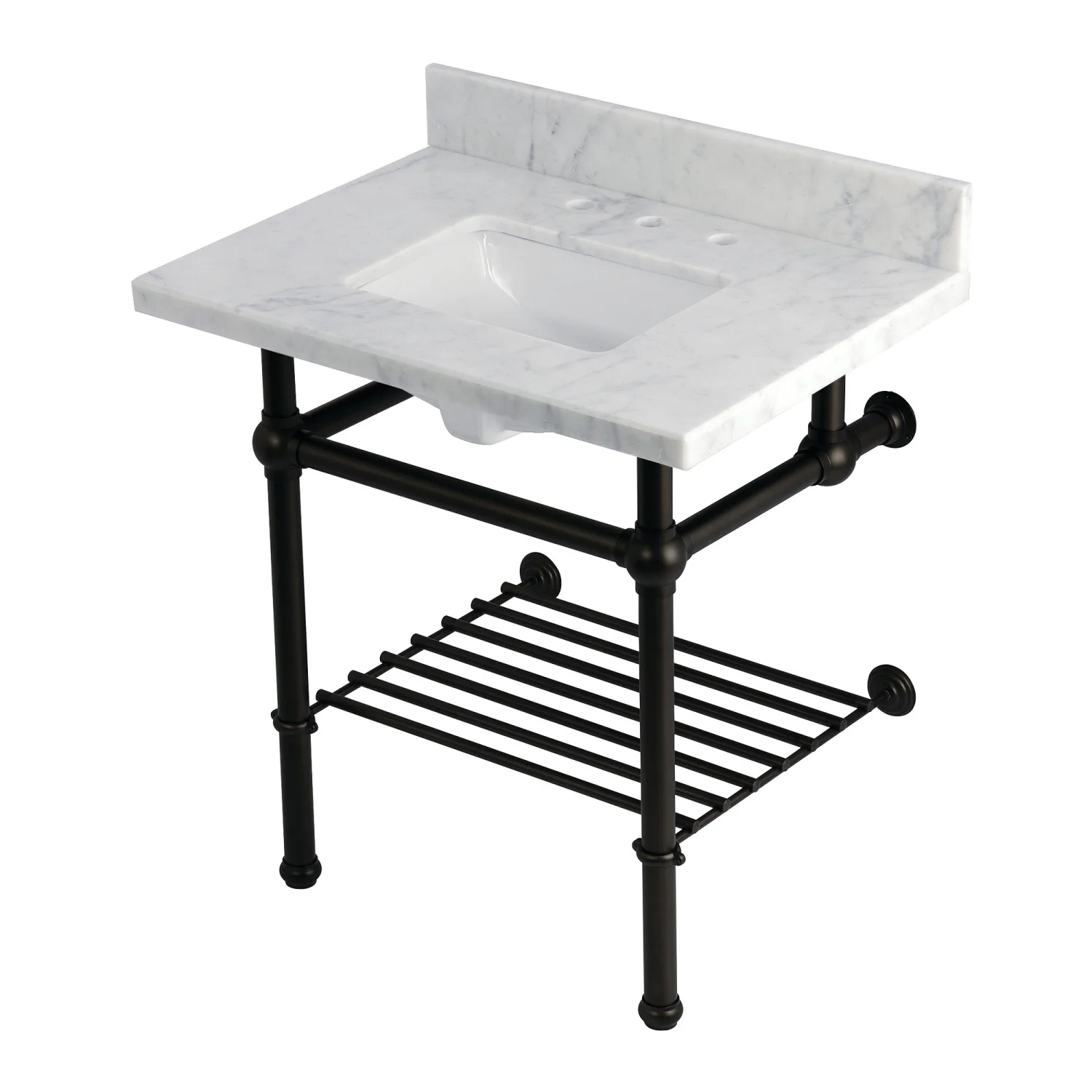 Kingston Heirloom KVPB3030MBSQB5 - Templeton 30-Inch Carrara Marble Console Sink with Brass Legs and Shelf (8-Inch, 3-Hole), Carrara Marble White/Oil Rubbed Bronze