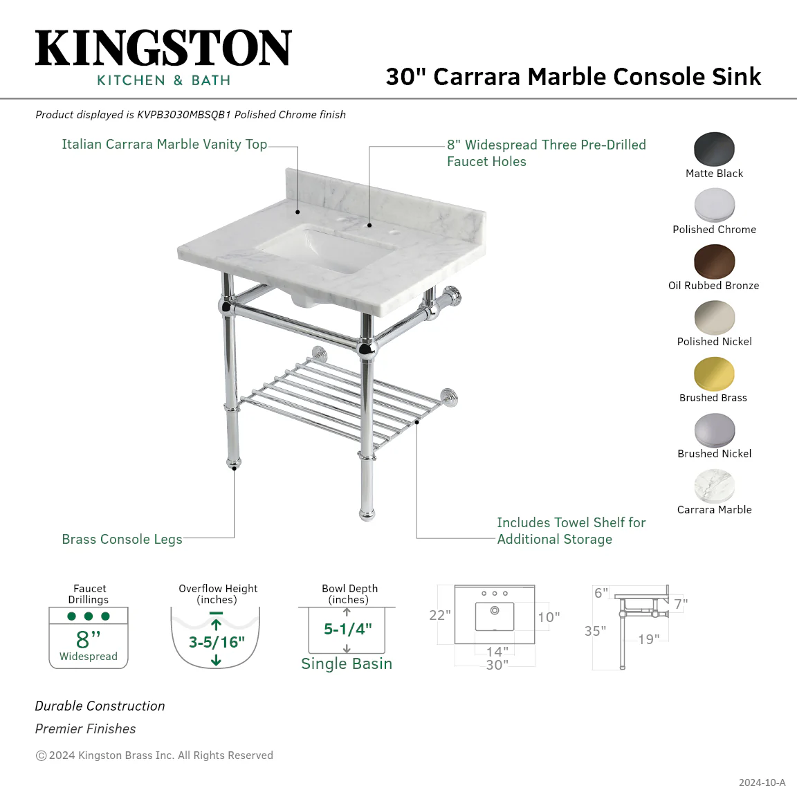 Kingston Heirloom KVPB3030MBSQB5 - Templeton 30-Inch Carrara Marble Console Sink with Brass Legs and Shelf (8-Inch, 3-Hole), Carrara Marble White/Oil Rubbed Bronze - Image 2