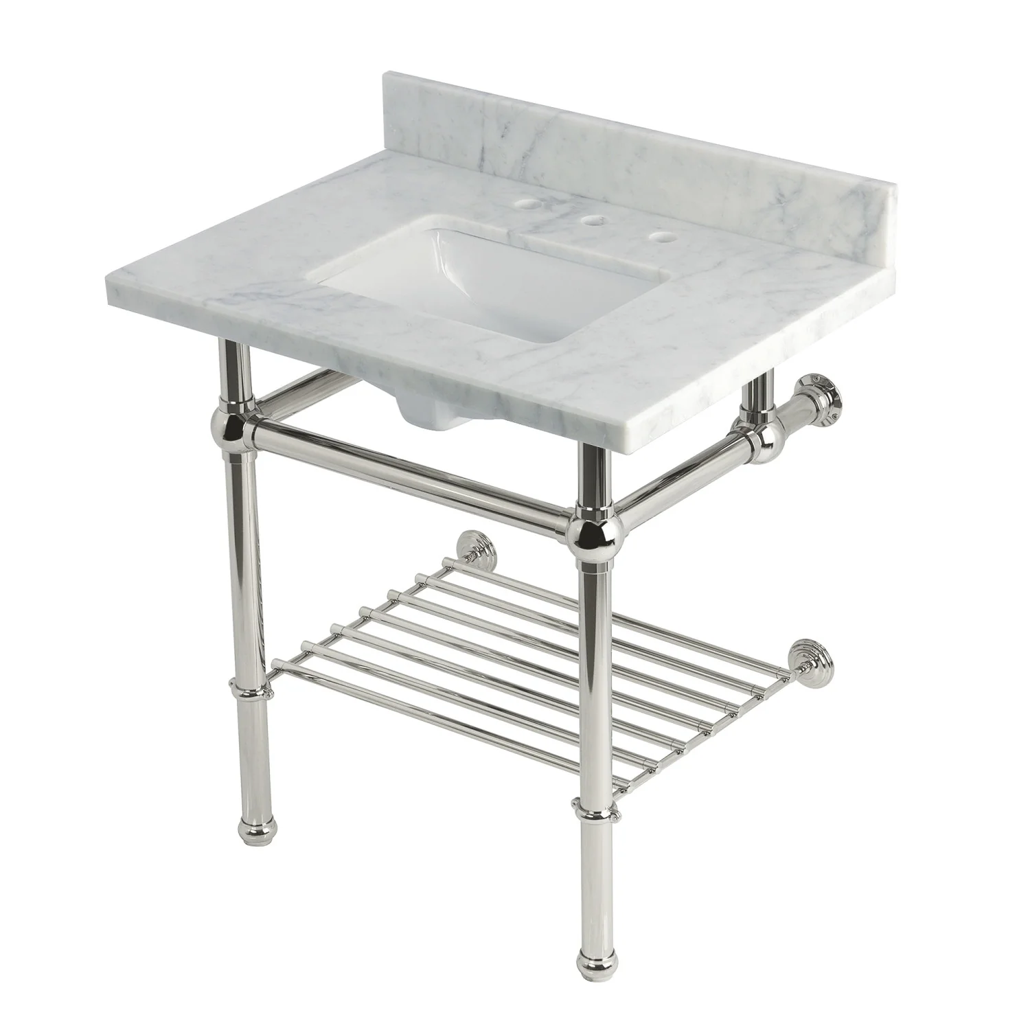 Kingston Heirloom KVPB3030MBSQB6 - Templeton 30-Inch Carrara Marble Console Sink with Brass Legs and Shelf (8-Inch, 3-Hole), Carrara Marble White/Polished Nickel