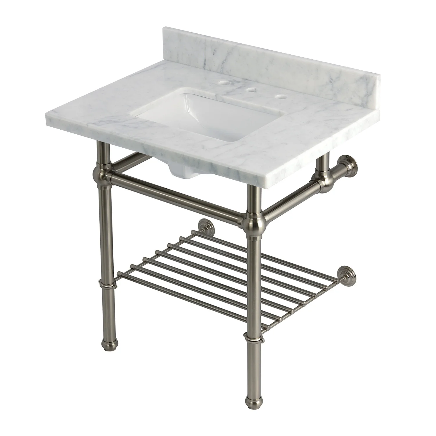 Kingston Heirloom KVPB3030MBSQB8 - Templeton 30-Inch Carrara Marble Console Sink with Brass Legs and Shelf (8-Inch, 3-Hole), Carrara Marble White/Brushed Nickel
