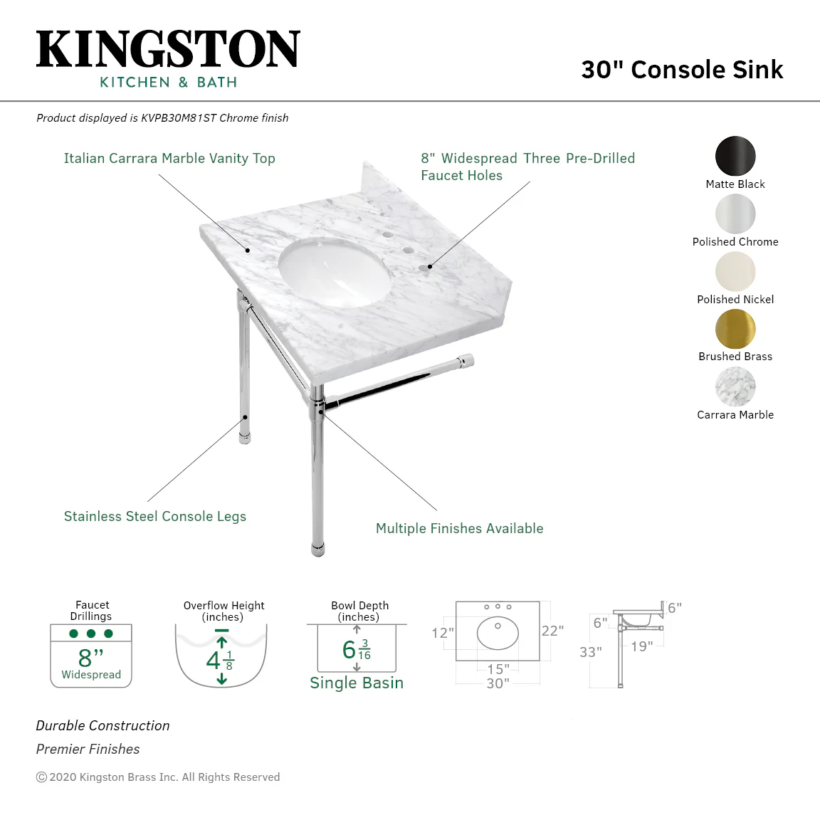 Kingston Tulare KVPB30M80ST - Dreyfuss 30-Inch Carrara Marble Vanity Top with Stainless Steel Legs (8-Inch, 3-Hole), Carrara Marble White/Matte Black - Image 2