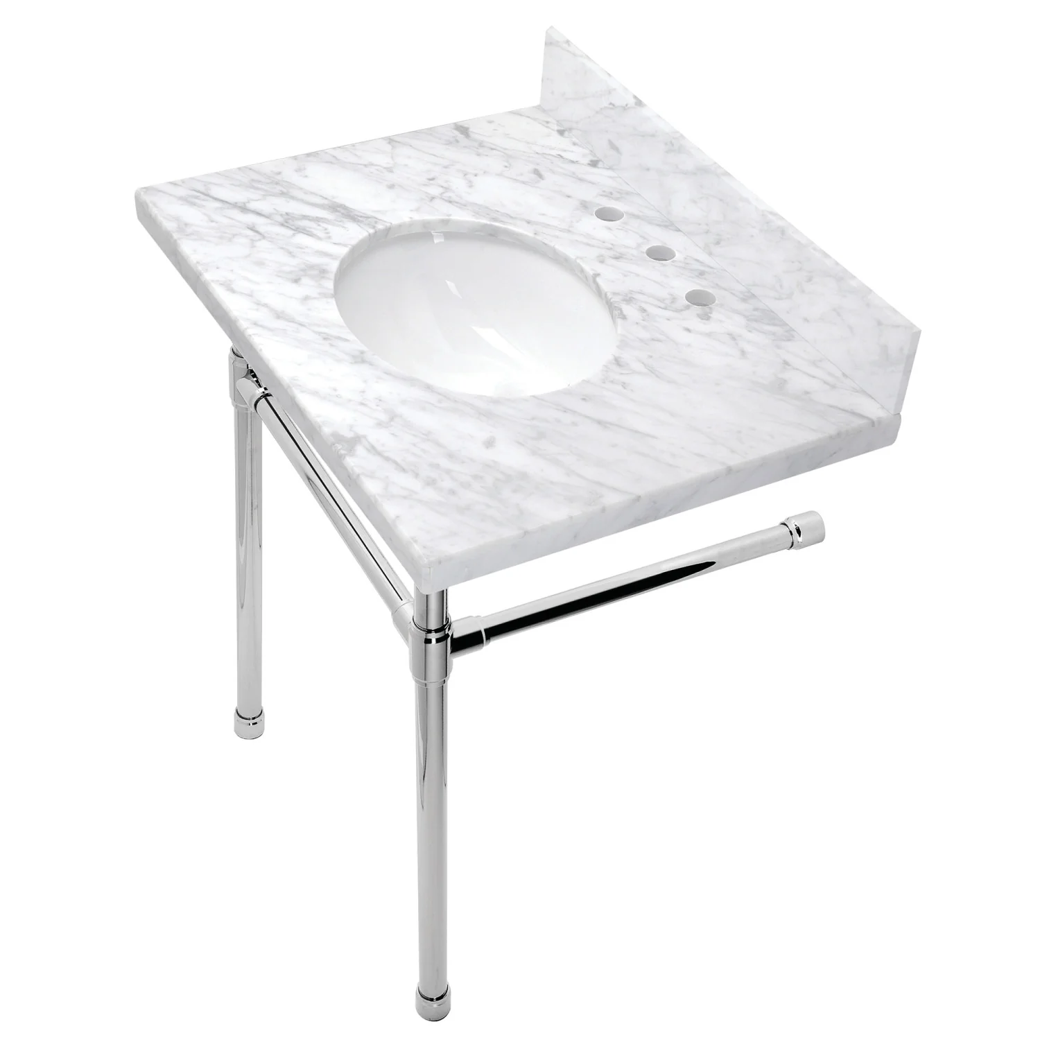 Kingston Tulare KVPB30M81ST - Dreyfuss 30-Inch Carrara Marble Vanity Top with Stainless Steel Legs (8-Inch, 3-Hole), Carrara Marble White/Polished Chrome
