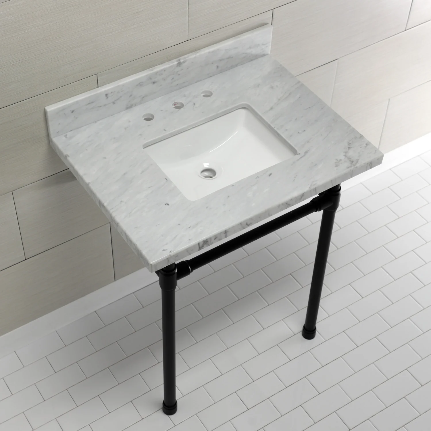 Kingston Tulare KVPB30M8SQ0ST - Dreyfuss 30-Inch Carrara Marble Vanity Top with Stainless Steel Legs (8-Inch, 3-Hole), Carrara Marble White/Matte Black - Image 2