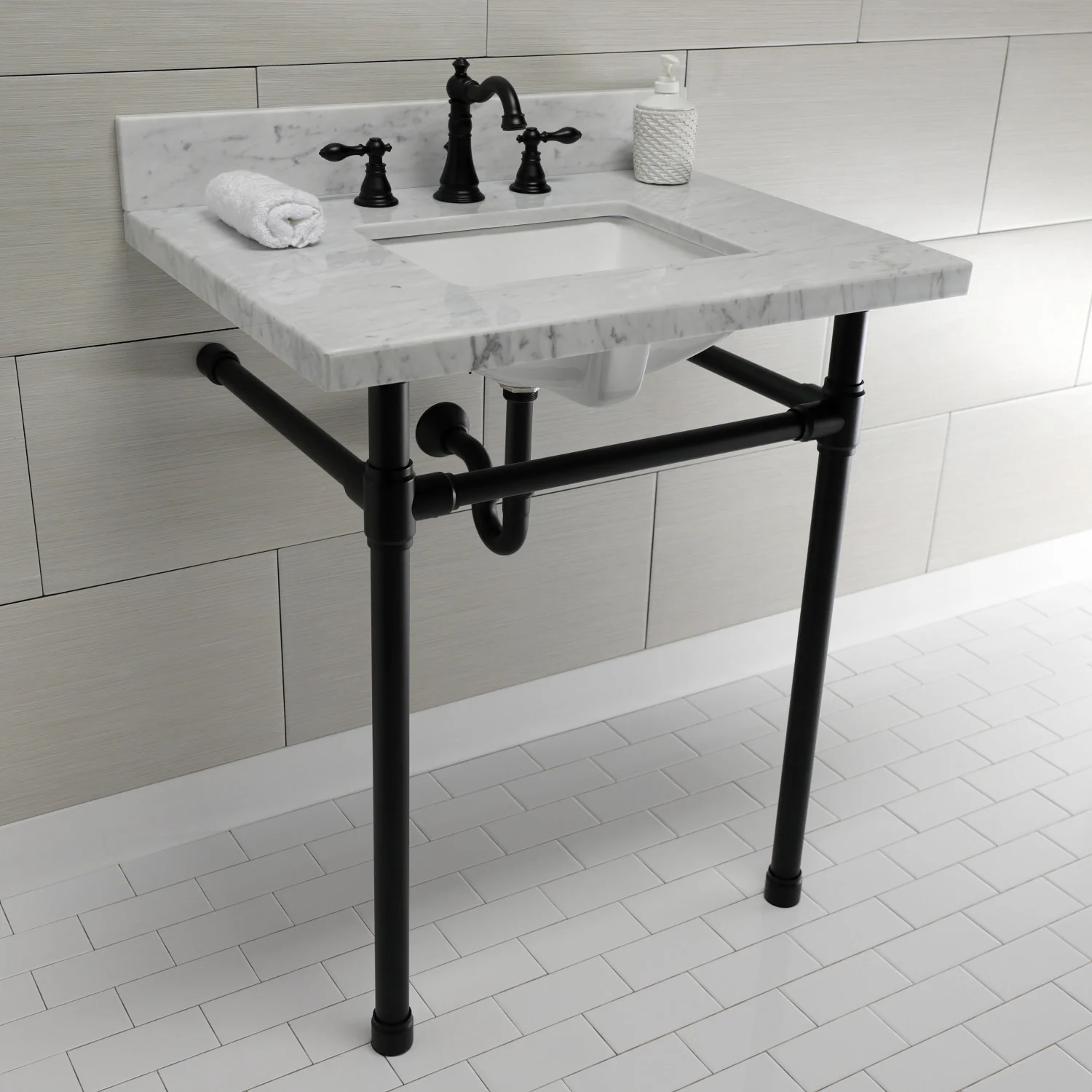 Kingston Tulare KVPB30M8SQ0ST - Dreyfuss 30-Inch Carrara Marble Vanity Top with Stainless Steel Legs (8-Inch, 3-Hole), Carrara Marble White/Matte Black - Image 3