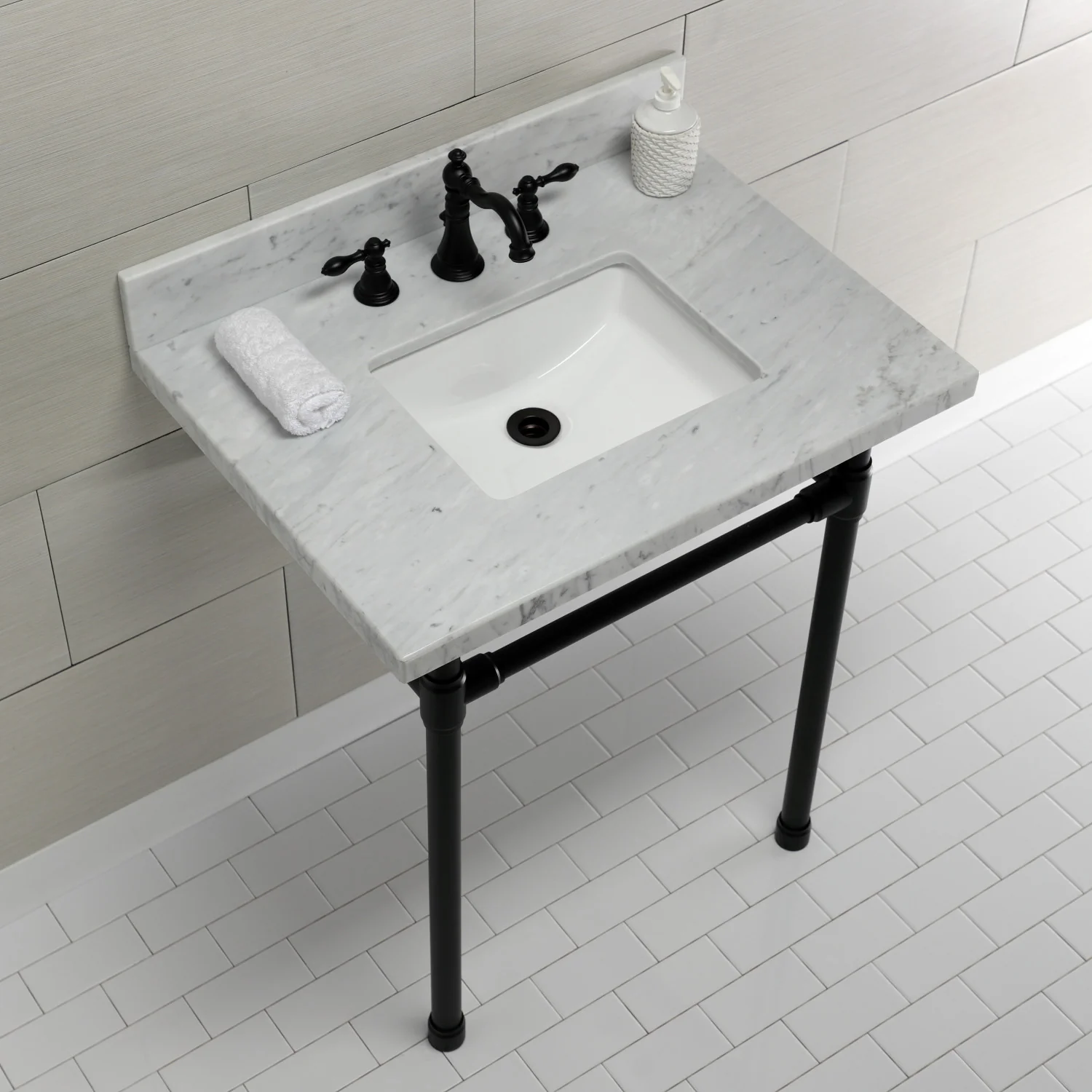 Kingston Tulare KVPB30M8SQ0ST - Dreyfuss 30-Inch Carrara Marble Vanity Top with Stainless Steel Legs (8-Inch, 3-Hole), Carrara Marble White/Matte Black - Image 4