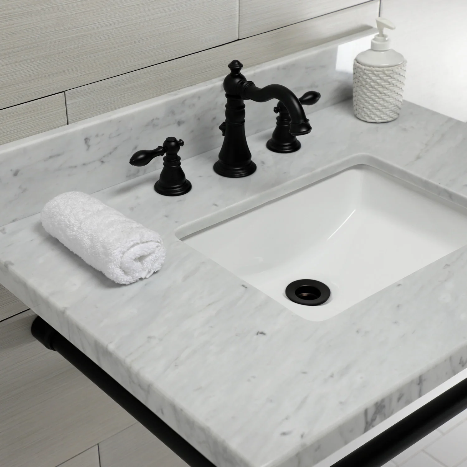 Kingston Tulare KVPB30M8SQ0ST - Dreyfuss 30-Inch Carrara Marble Vanity Top with Stainless Steel Legs (8-Inch, 3-Hole), Carrara Marble White/Matte Black - Image 5