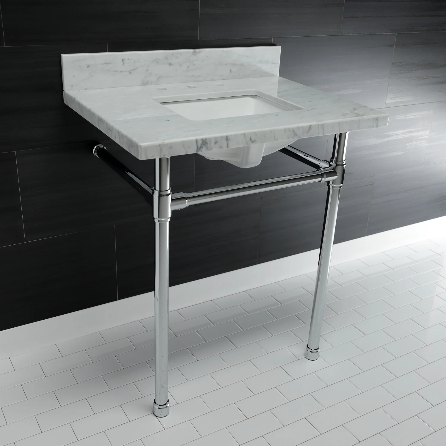 Kingston Tulare KVPB30M8SQ1ST - Dreyfuss 30-Inch Carrara Marble Vanity Top with Stainless Steel Legs (8-Inch, 3-Hole), Carrara Marble White/Polished Chrome