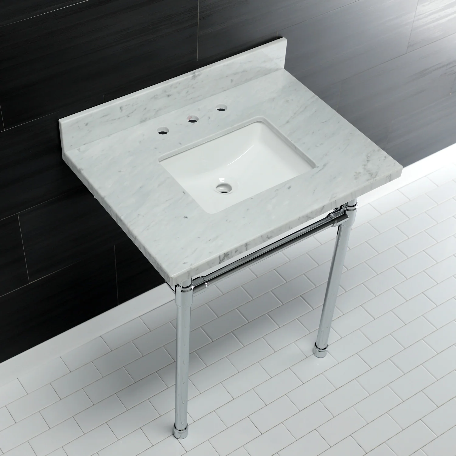 Kingston Tulare KVPB30M8SQ1ST - Dreyfuss 30-Inch Carrara Marble Vanity Top with Stainless Steel Legs (8-Inch, 3-Hole), Carrara Marble White/Polished Chrome - Image 2