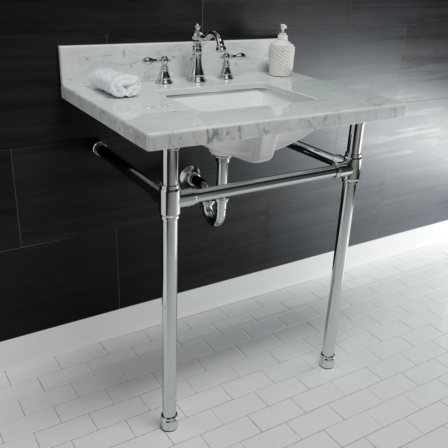 Kingston Tulare KVPB30M8SQ1ST - Dreyfuss 30-Inch Carrara Marble Vanity Top with Stainless Steel Legs (8-Inch, 3-Hole), Carrara Marble White/Polished Chrome - Image 3