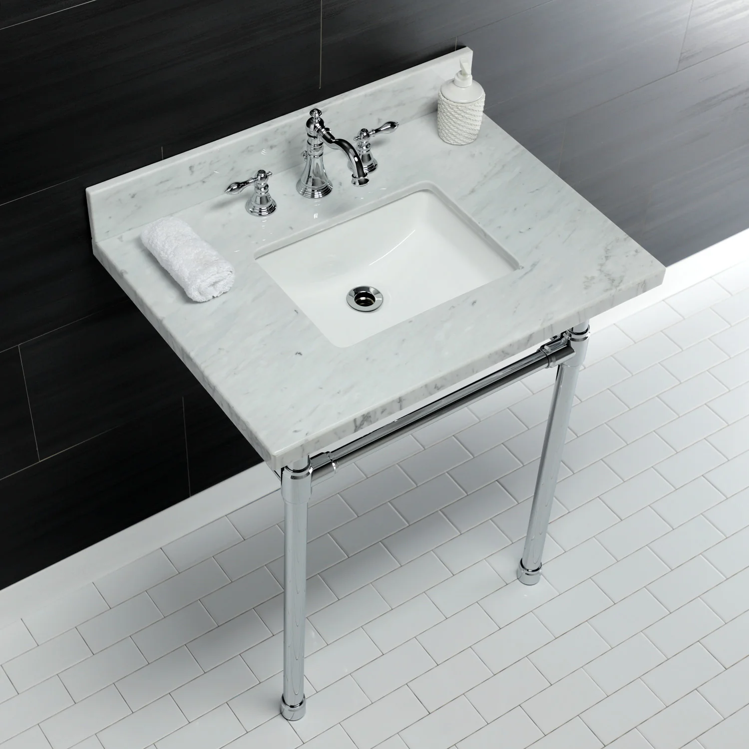 Kingston Tulare KVPB30M8SQ1ST - Dreyfuss 30-Inch Carrara Marble Vanity Top with Stainless Steel Legs (8-Inch, 3-Hole), Carrara Marble White/Polished Chrome - Image 4