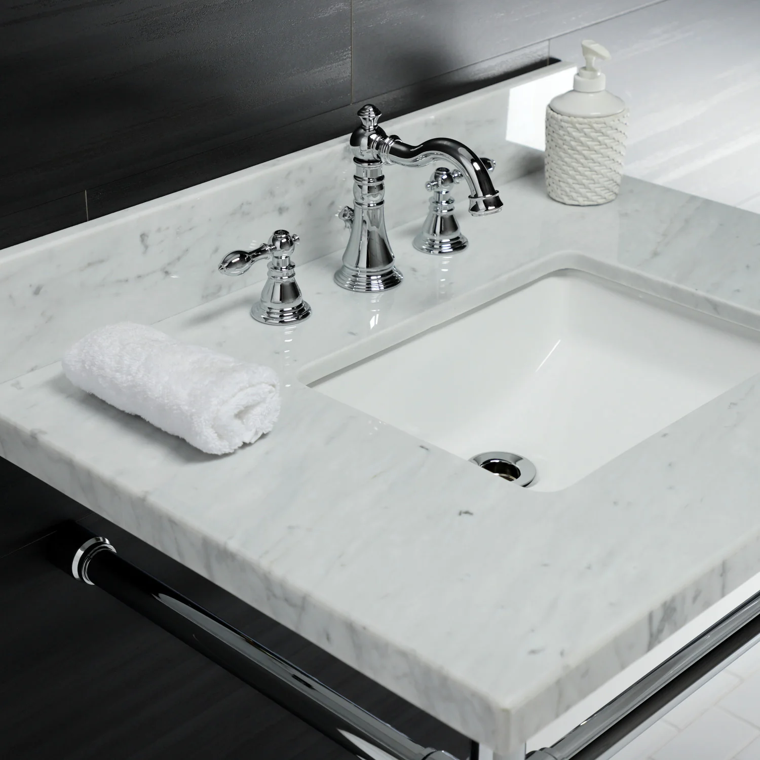 Kingston Tulare KVPB30M8SQ1ST - Dreyfuss 30-Inch Carrara Marble Vanity Top with Stainless Steel Legs (8-Inch, 3-Hole), Carrara Marble White/Polished Chrome - Image 5