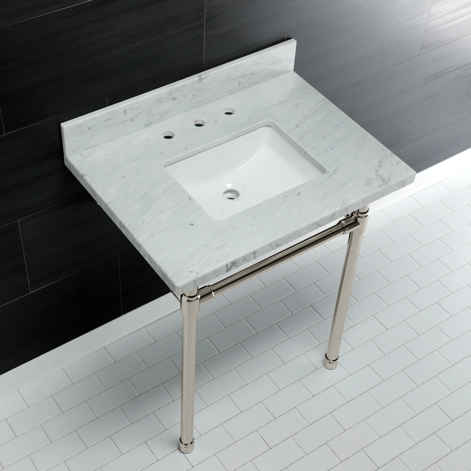 Kingston Tulare KVPB30M8SQ6ST - Dreyfuss 30-Inch Carrara Marble Vanity Top with Stainless Steel Legs (8-Inch, 3-Hole), Carrara Marble White/Polished Nickel - Image 2