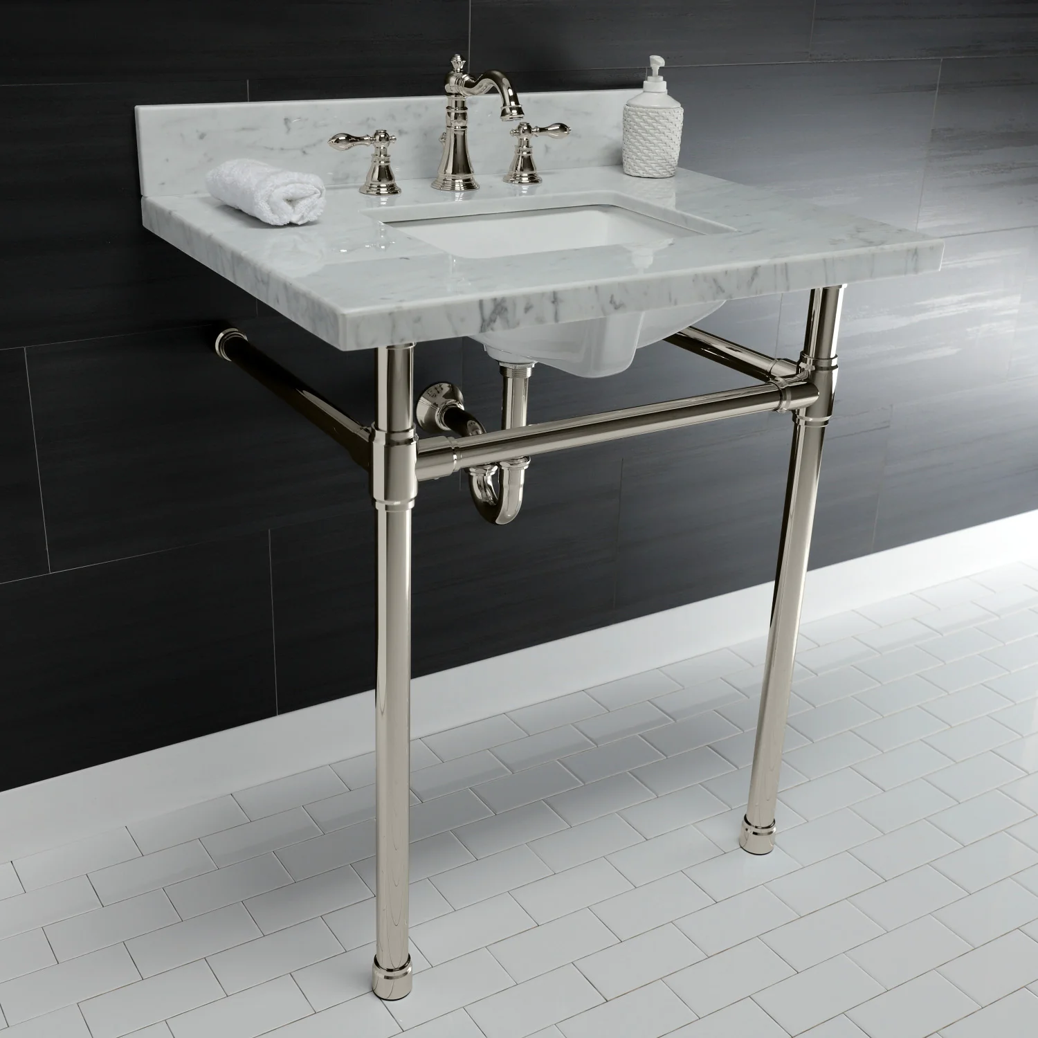 Kingston Tulare KVPB30M8SQ6ST - Dreyfuss 30-Inch Carrara Marble Vanity Top with Stainless Steel Legs (8-Inch, 3-Hole), Carrara Marble White/Polished Nickel - Image 3