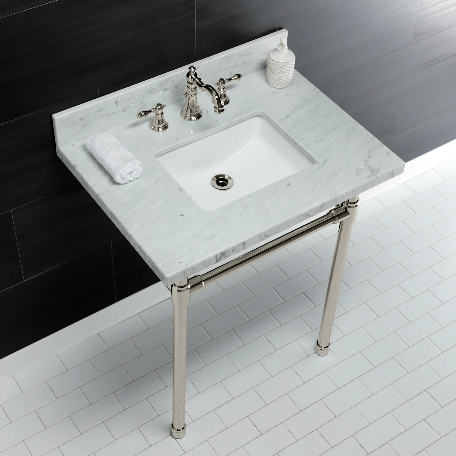 Kingston Tulare KVPB30M8SQ6ST - Dreyfuss 30-Inch Carrara Marble Vanity Top with Stainless Steel Legs (8-Inch, 3-Hole), Carrara Marble White/Polished Nickel - Image 4