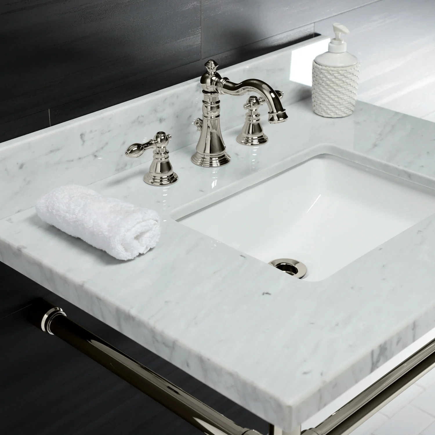 Kingston Tulare KVPB30M8SQ6ST - Dreyfuss 30-Inch Carrara Marble Vanity Top with Stainless Steel Legs (8-Inch, 3-Hole), Carrara Marble White/Polished Nickel - Image 5